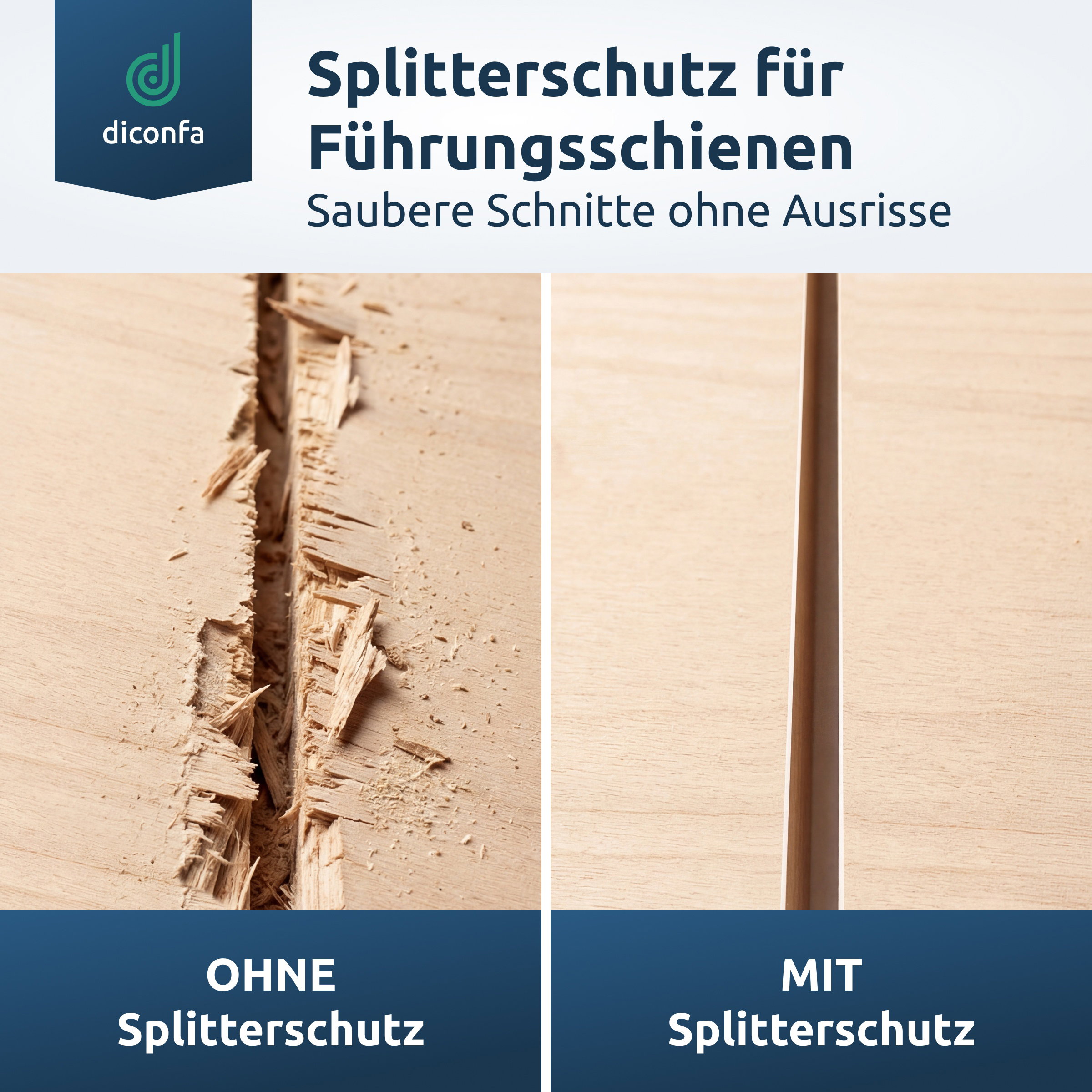 Vergleichsgrafik Splitterschutz für Führungsschienen: ausgerissene Sägekante ohne, sauberer Schnitt mit Splitterschutz