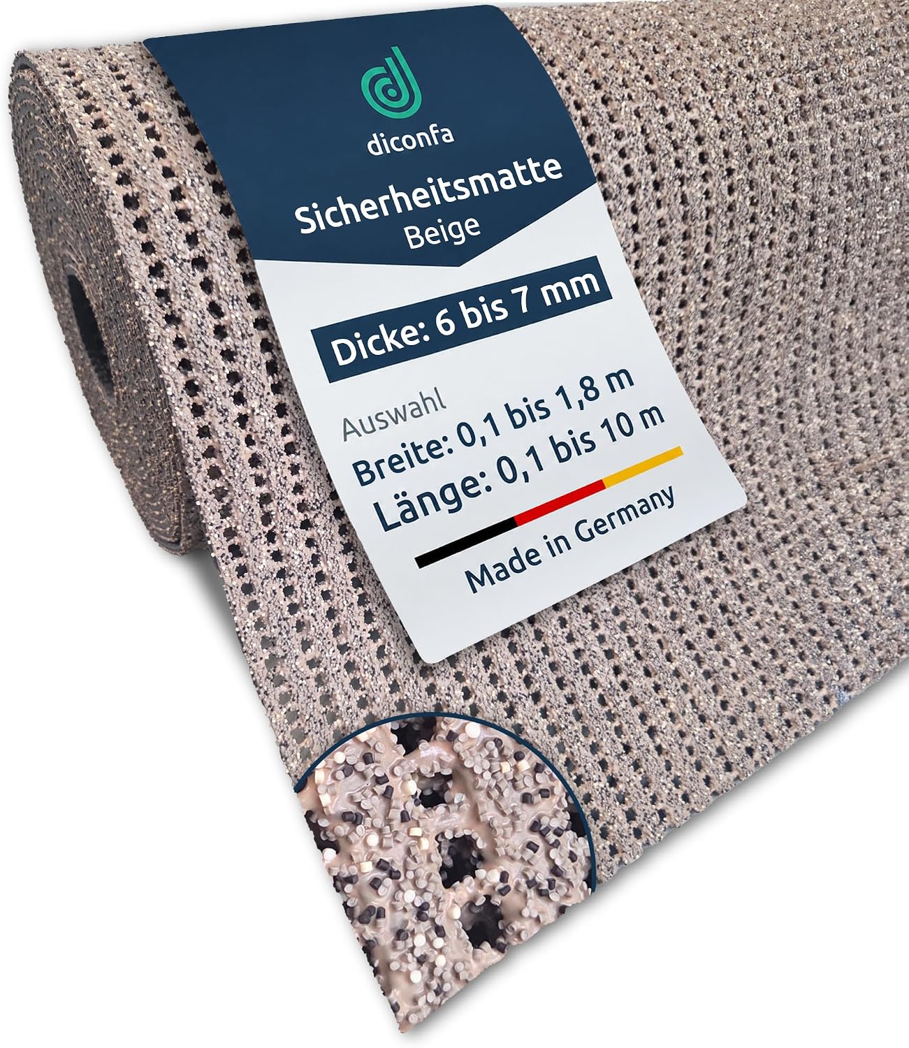 diconfa Safety Mat PVC Anti-Slip Beige, Custom Cut 0.1–1.8 m Wide, 0.1–10 m Long, 6 mm Thick
