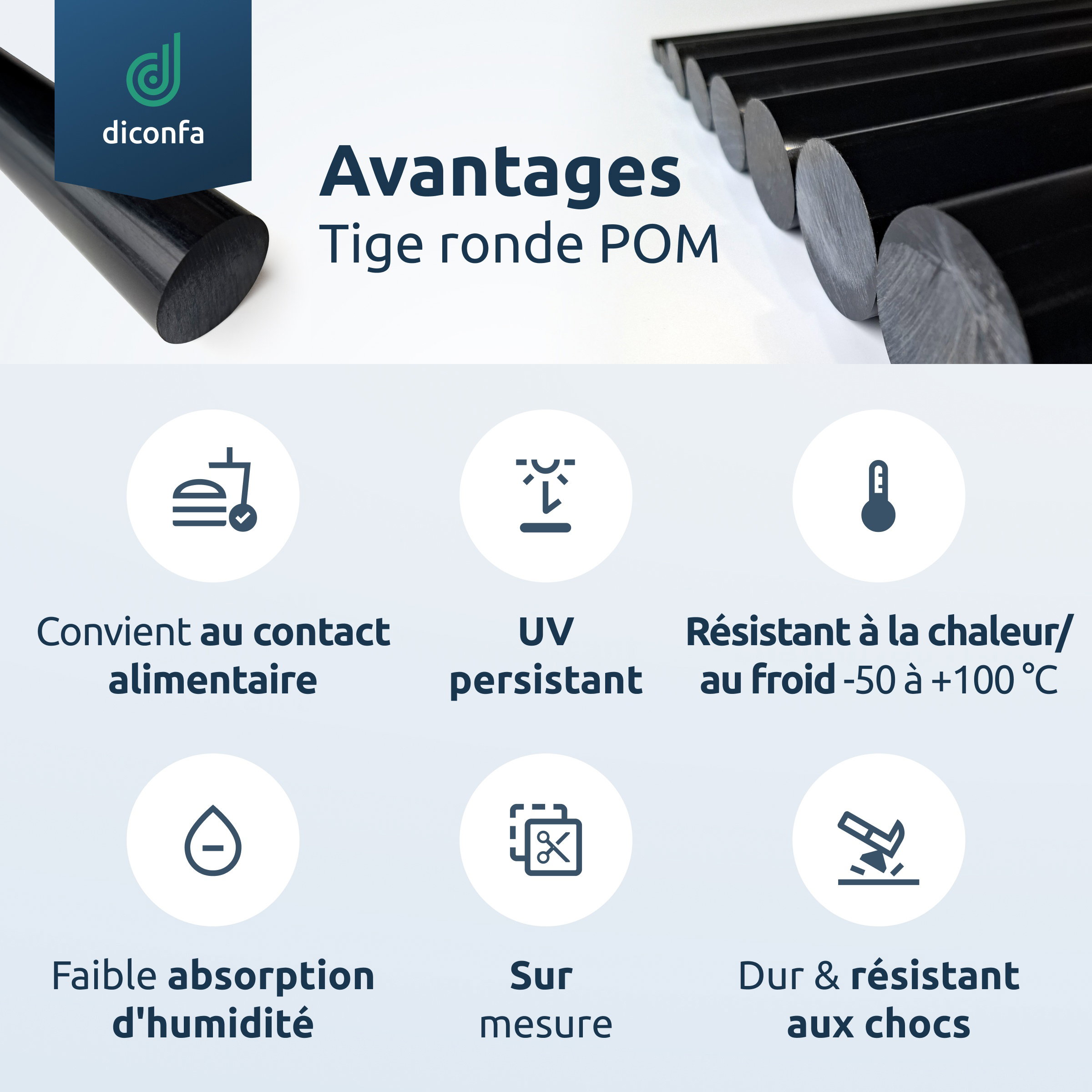 Barre ronde diconfa POM noire sur mesure