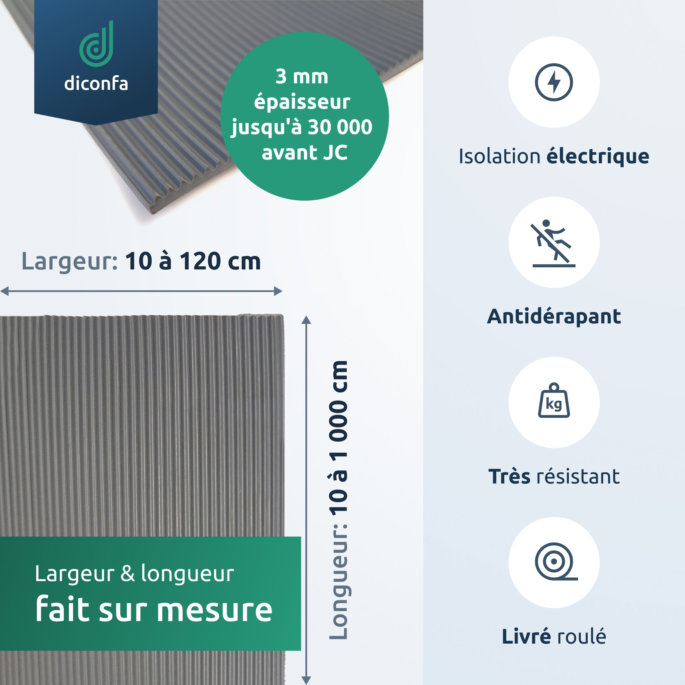 Tapis isolant VDE 3 mm gris jusqu’à 30 000 volts sur mesure