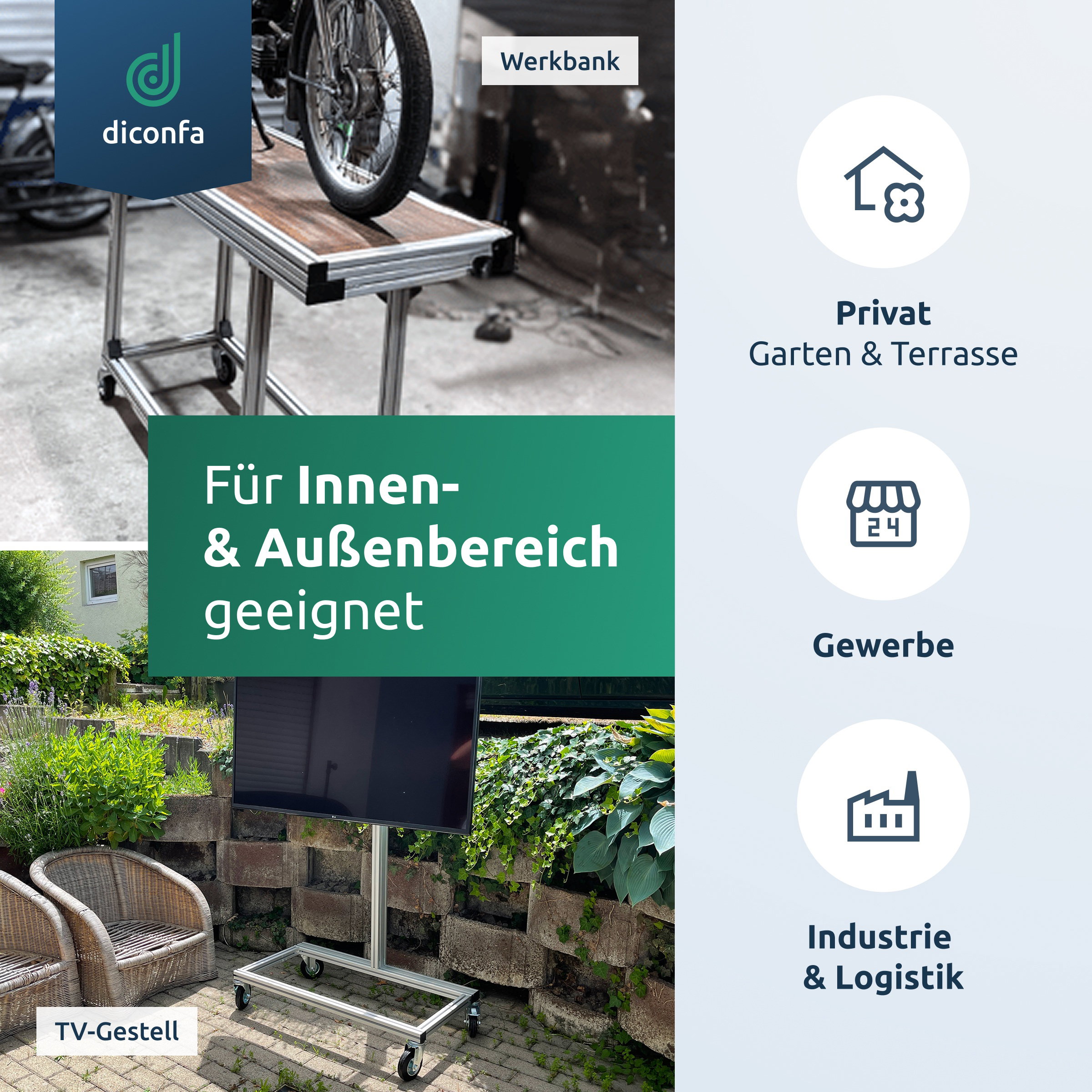 Aluprofile für Innen- und Außenbereich, zum Beispiel Werkbank, TV-Gestell, Gewerbe und Industrie