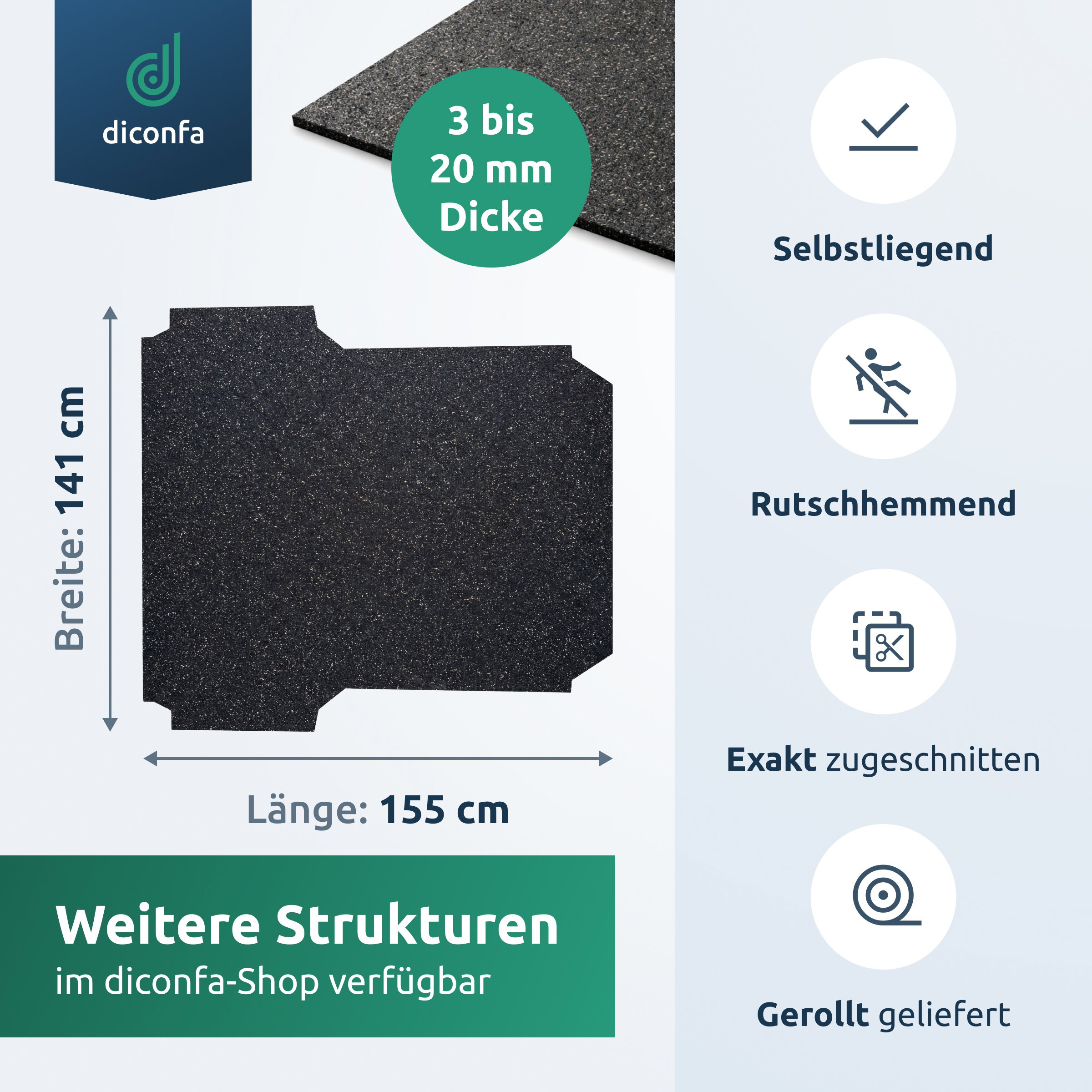 Tapis de benne en granulat de caoutchouc noir avec cotes 141 x 155 cm et pictogrammes antidérapants