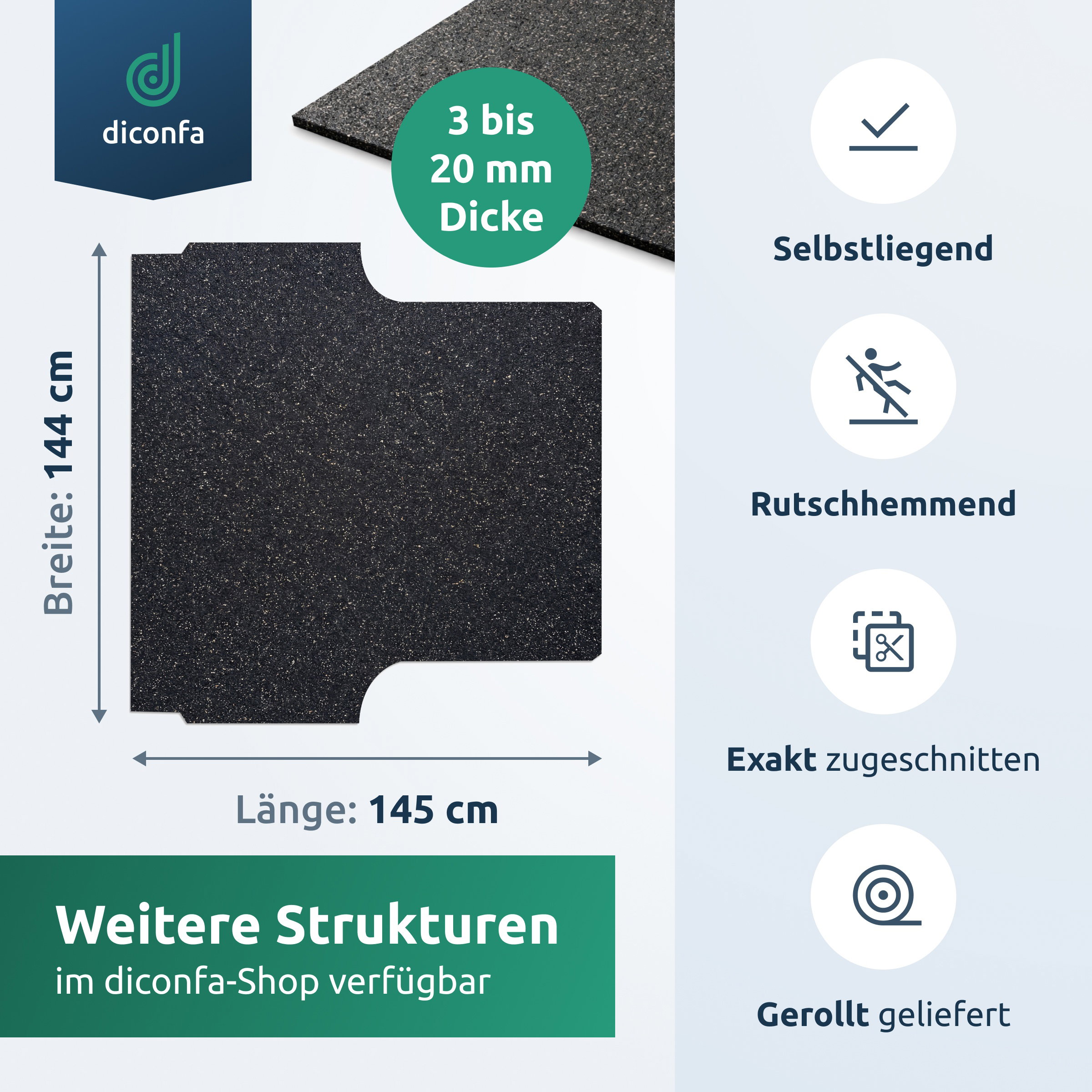 Tapis de benne en granulat de caoutchouc avec cotes 144 x 145 cm, épaisseur 3 à 20 mm et pictogrammes