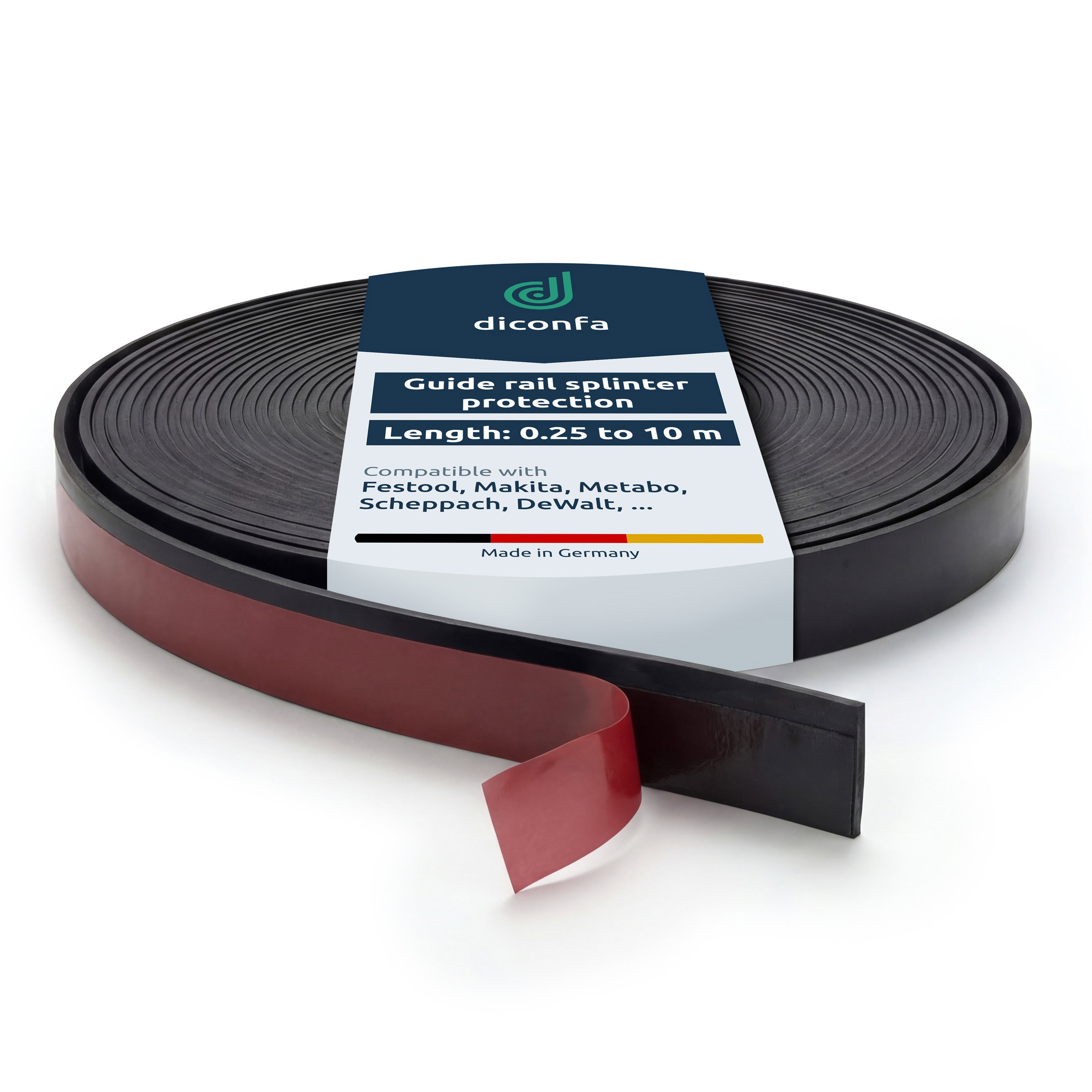 Black hard rubber guide rail splinter protection coiled with red adhesive strip and labelled band, 0.25 to 10 m