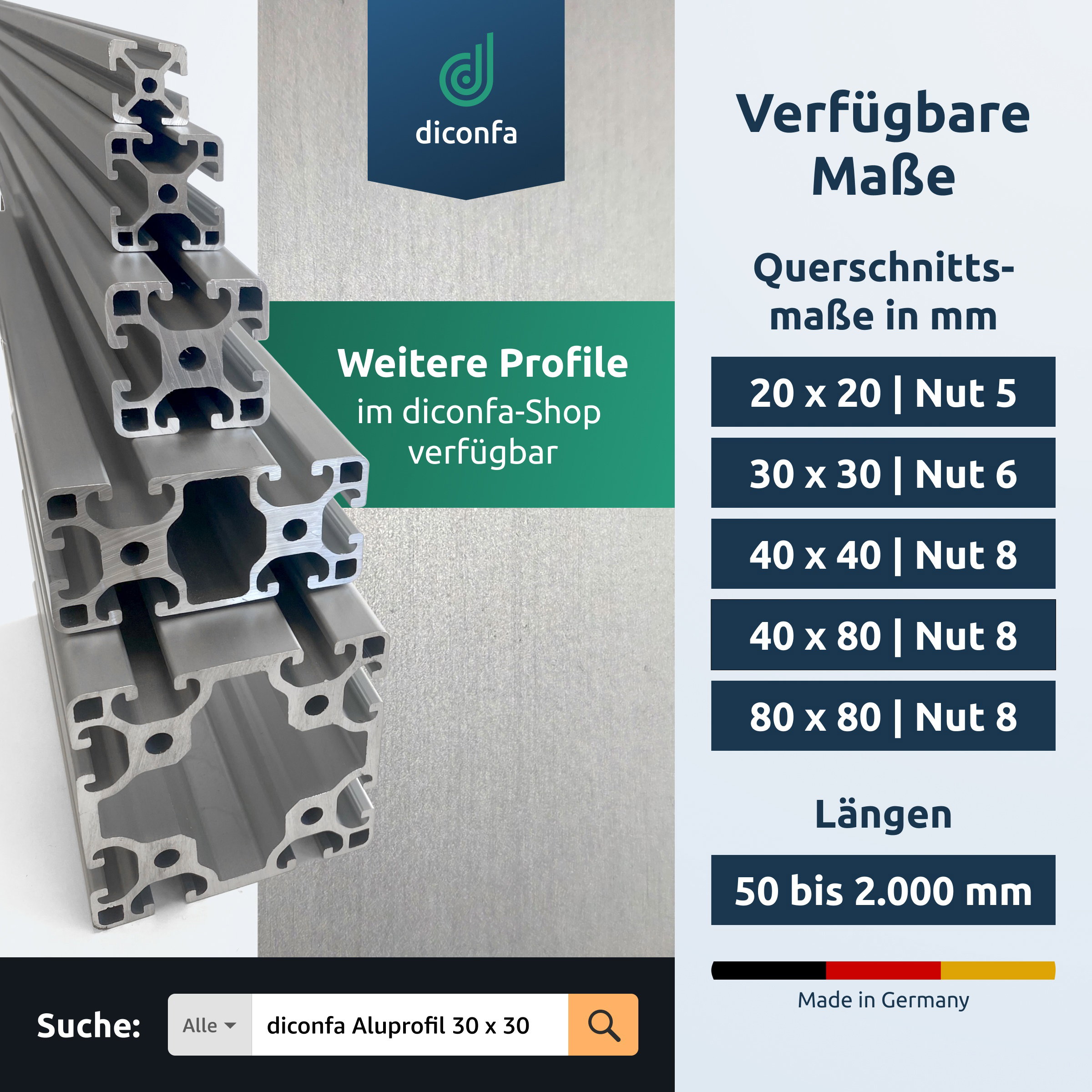 Aluprofile in verschiedenen Größen von 20 x 20 bis 80 x 80 mm mit Nut 5, Nut 6 und Nut 8