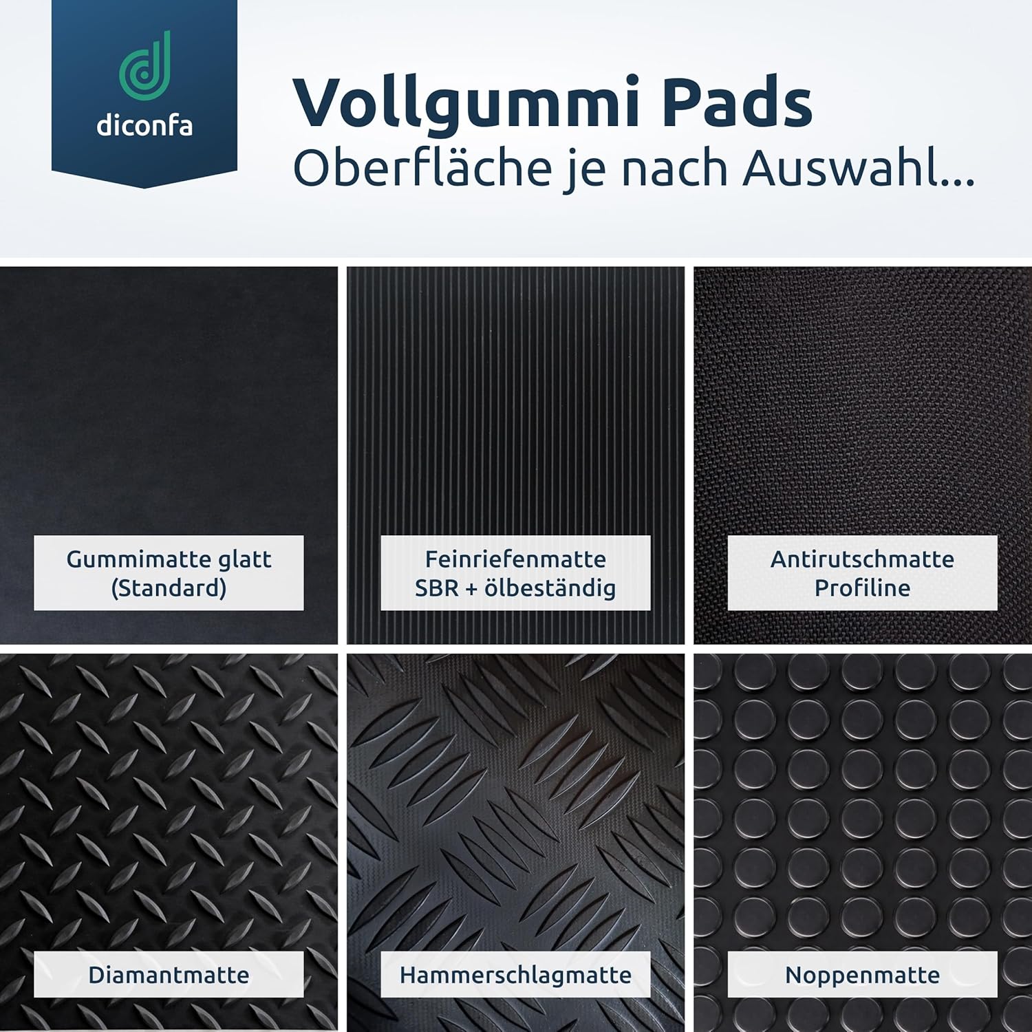 diconfa Gummipads Antirutsch Vollgummi 200×200×3 mm verschiedene Oberflächen 1–300 Stück