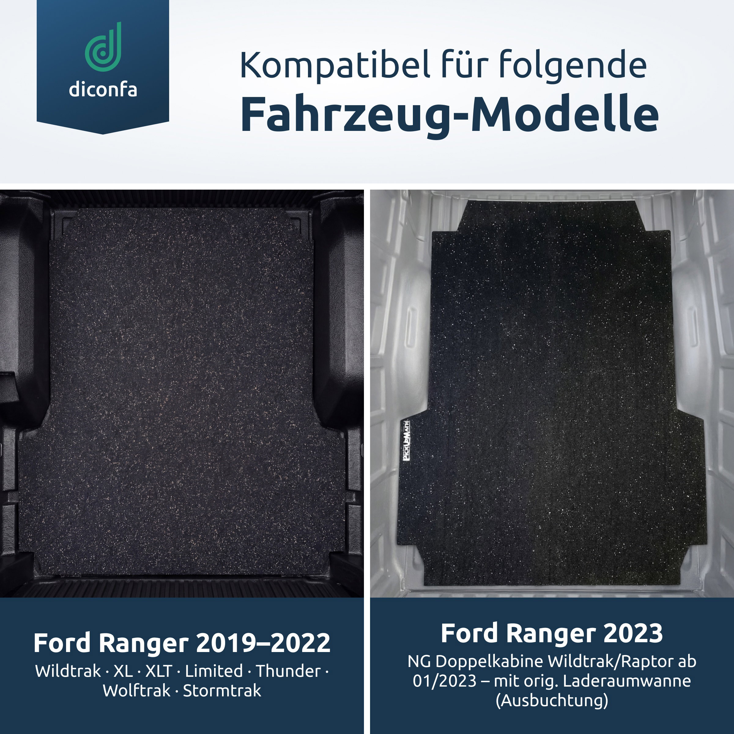 Tappeto per cassone in granulato di gomma nero in due cassoni Ford Ranger, panoramica dei modelli compatibili