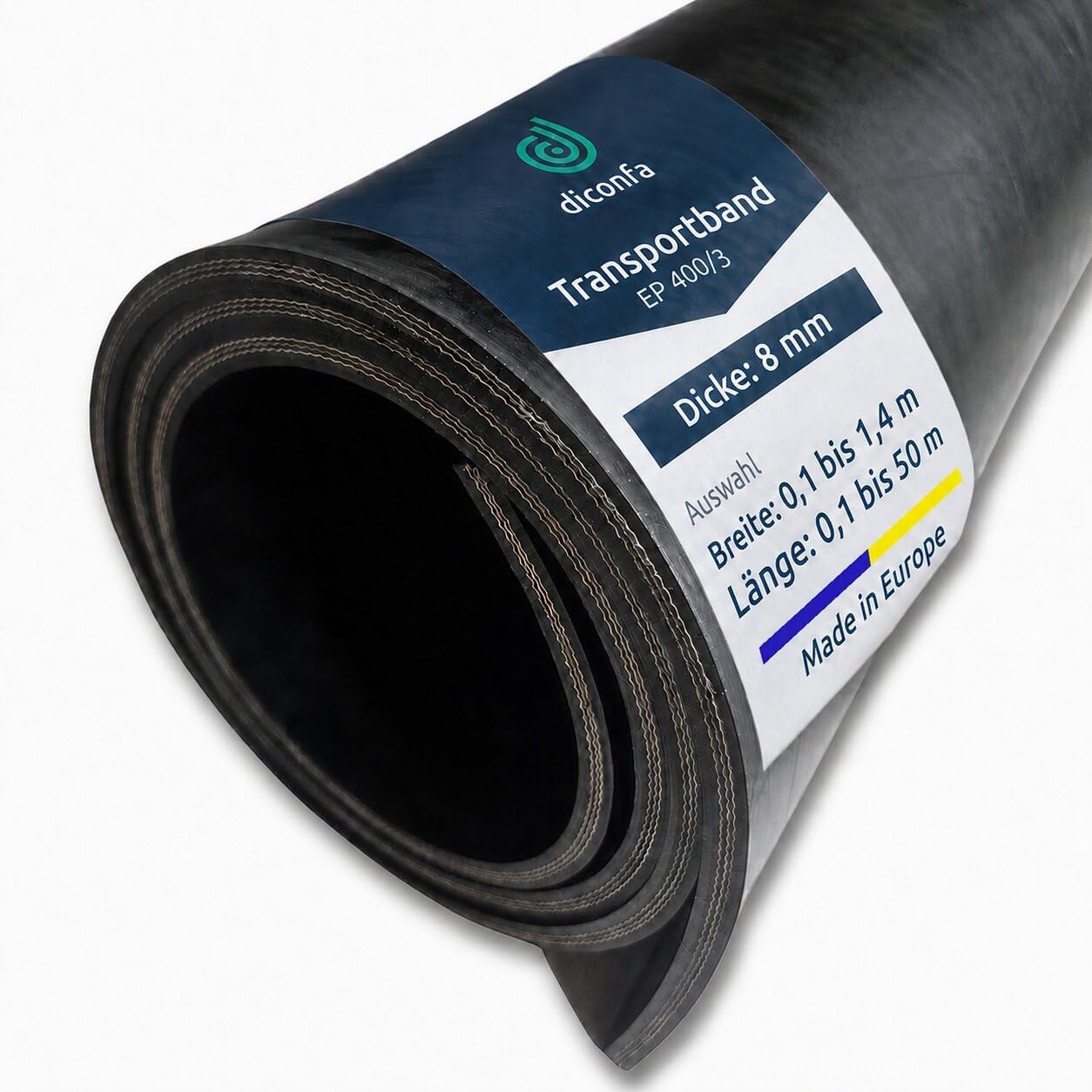 Schwarze Transportband-Rolle EP 400/3 mit 8 mm Stärke, sichtbaren Textileinlagen und diconfa Etikett