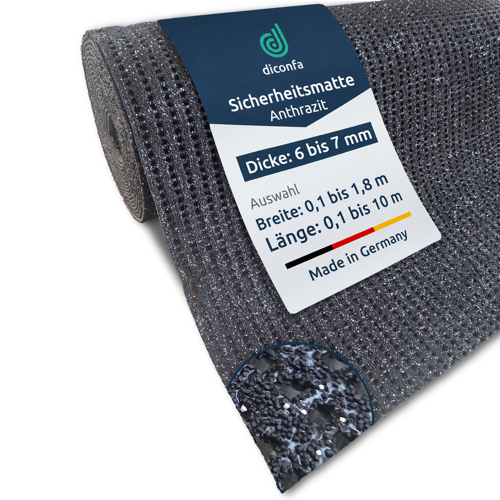 diconfa Tapis de sécurité PVC antidérapant anthracite, 0,1–1,8 m de largeur, 0,1–10 m de longueur, 6 mm d'épaisseur