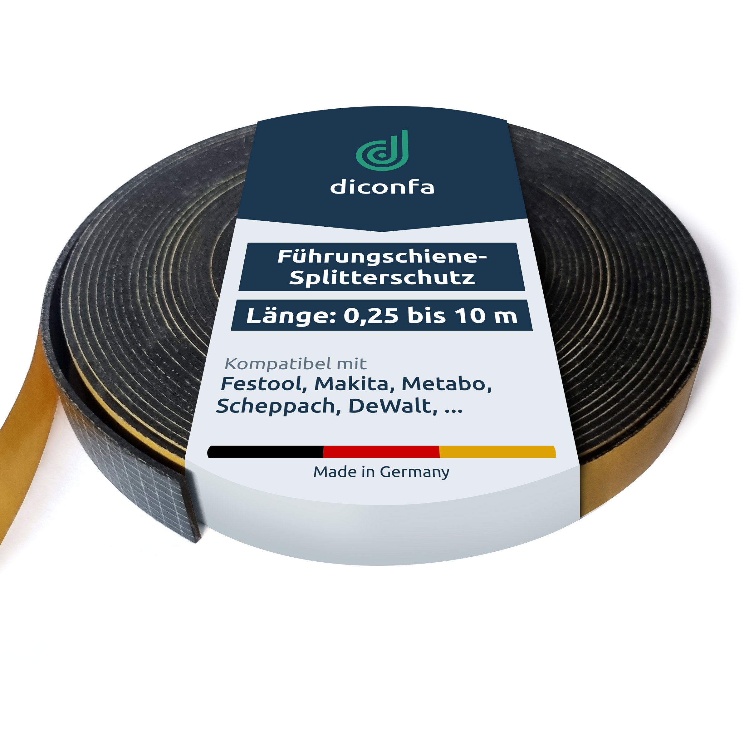 Splitterschutz TOP PLUS als schwarze Hartgummi-Rolle mit selbstklebender Rückseite und diconfa Banderole