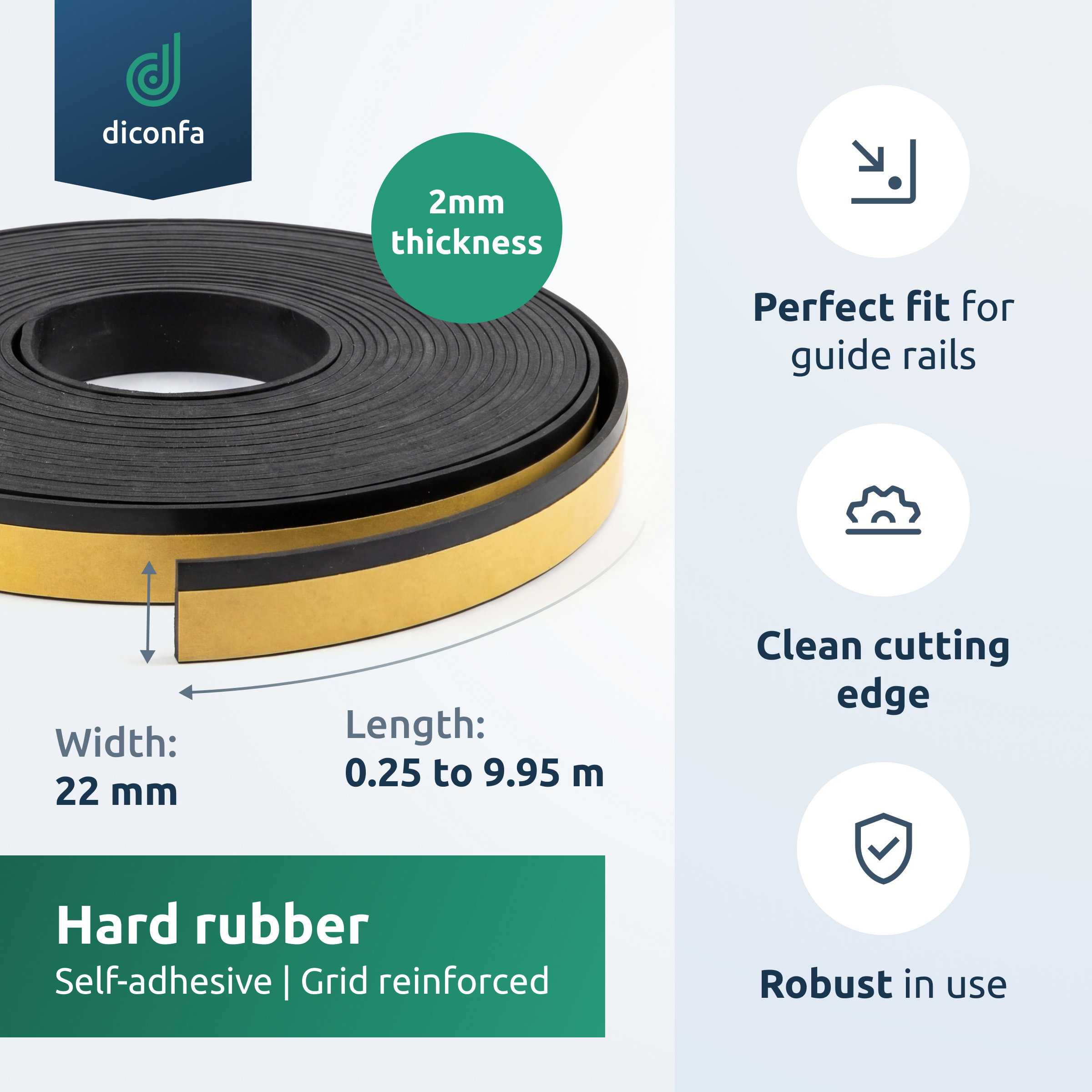 Roll of black grid-reinforced hard rubber splinter guard, self-adhesive, with 2 mm thickness and 22 mm width noted