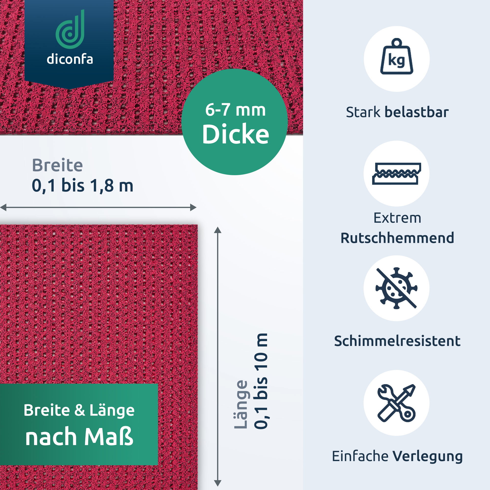 diconfa Tapis de sécurité PVC antidérapant rouge, 0,1–1,8 m de largeur, 0,1–10 m de longueur, 6 mm d'épaisseur