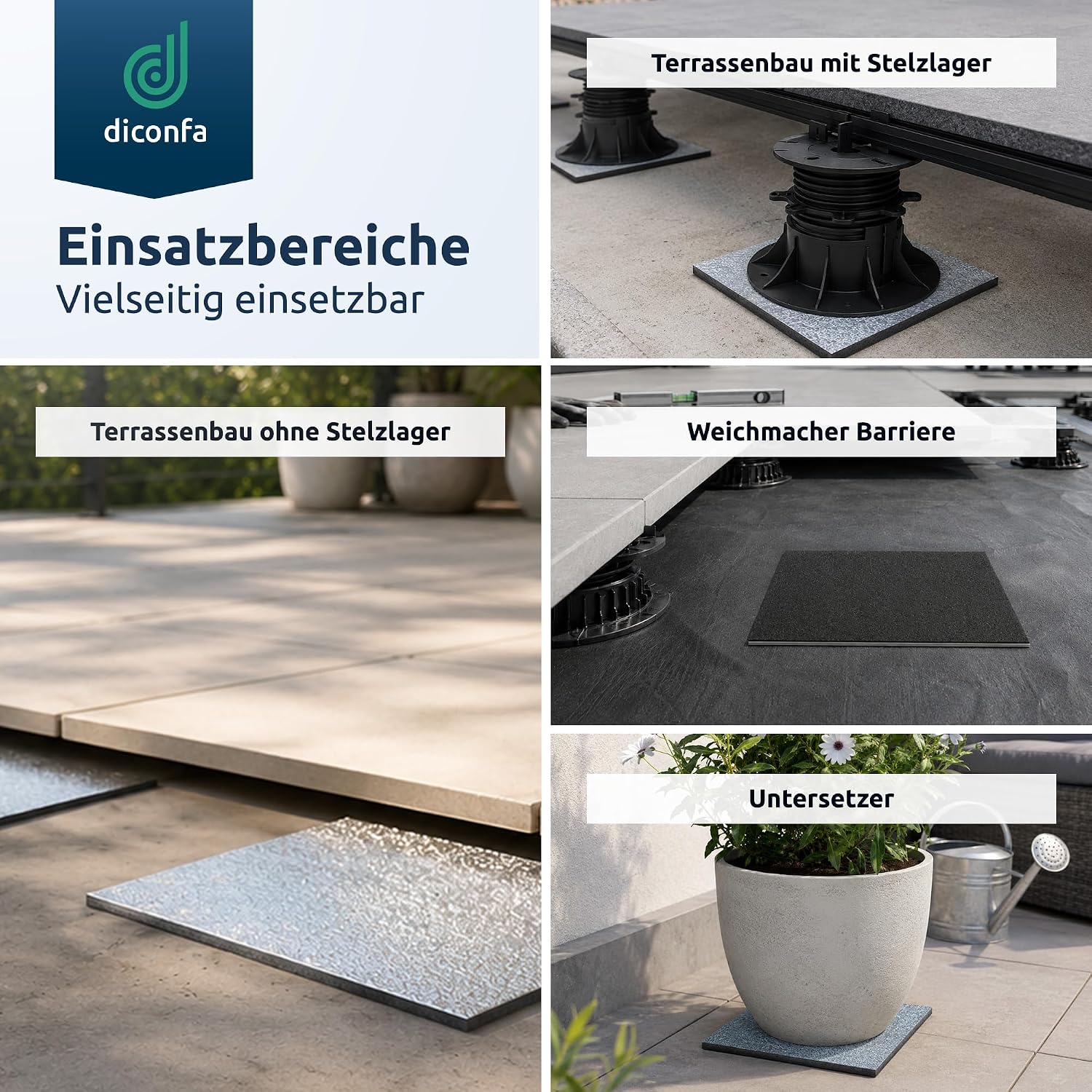 Uses of the aluminium-laminated terrace pads: pedestal supports, slab decks, plasticiser barrier and planter coasters
