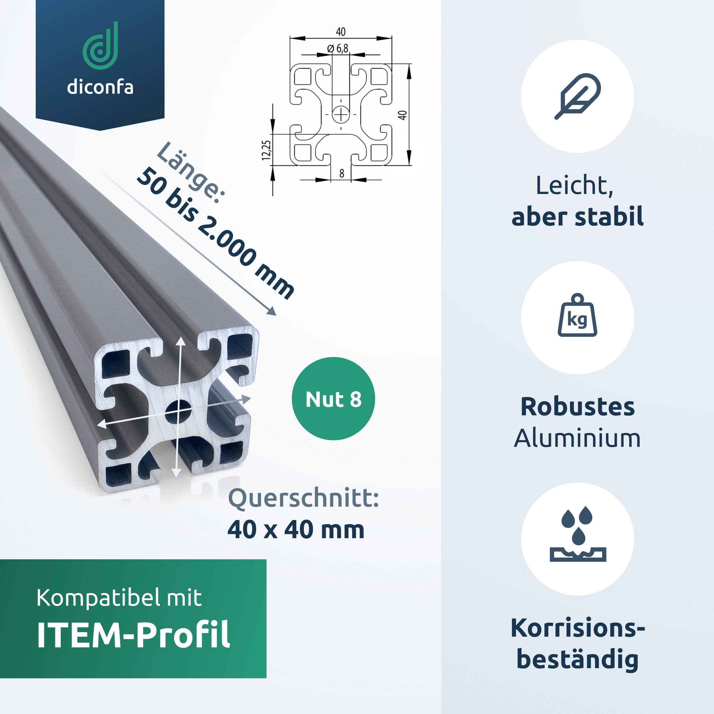 Aluprofil 40 x 40 mm Nut 8 mit Länge 50 bis 2.000 mm, leicht und korrosionsbeständig
