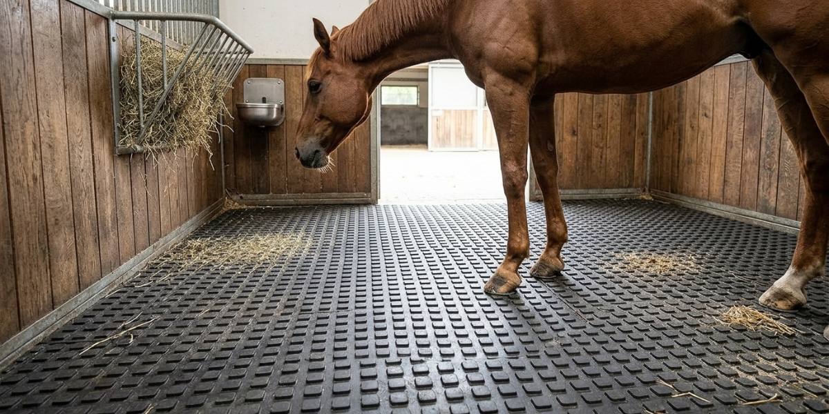 Gummimatte in Pferdebox mit Pferd