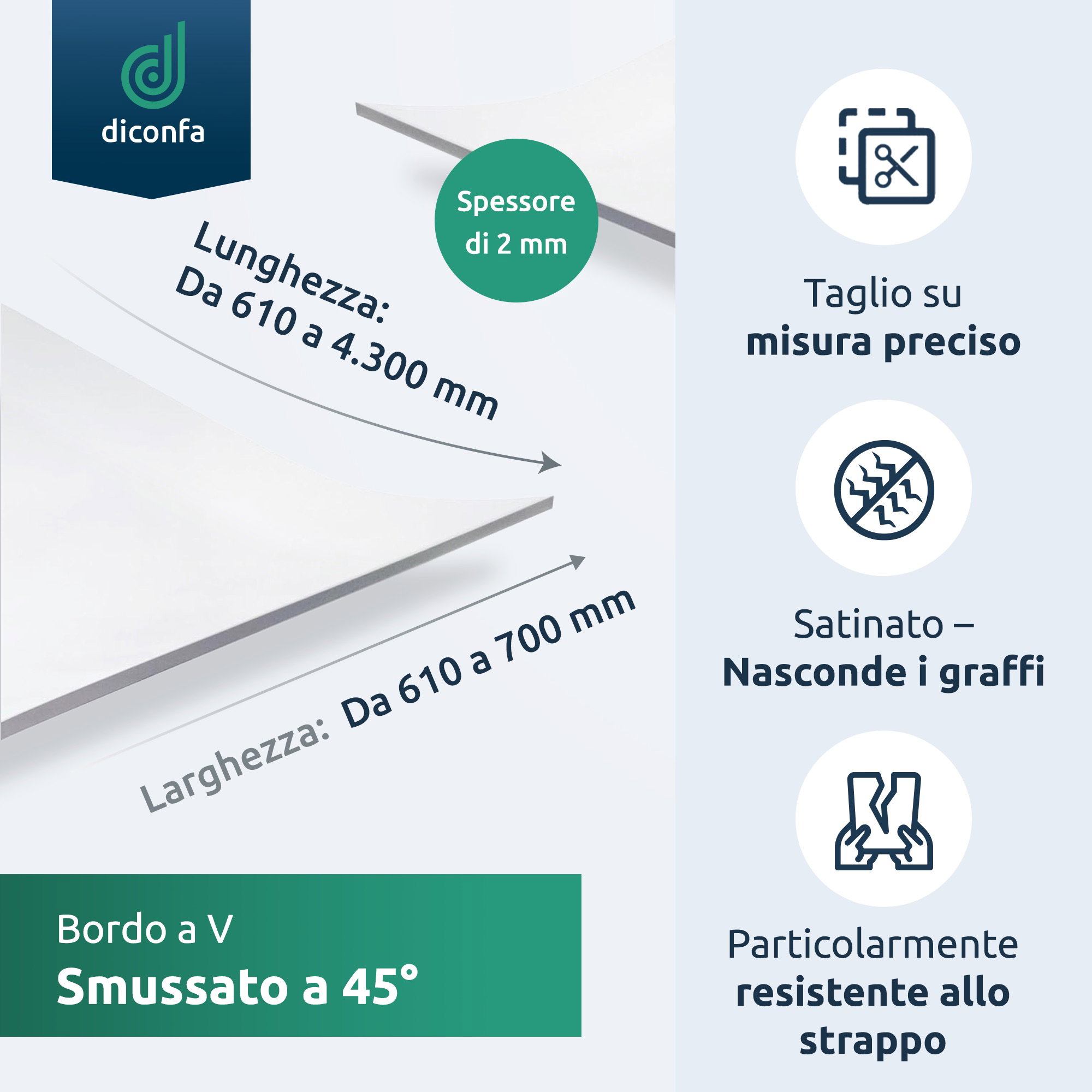 Protezione da tavolo satinata con bordo smussato a 45° su misura