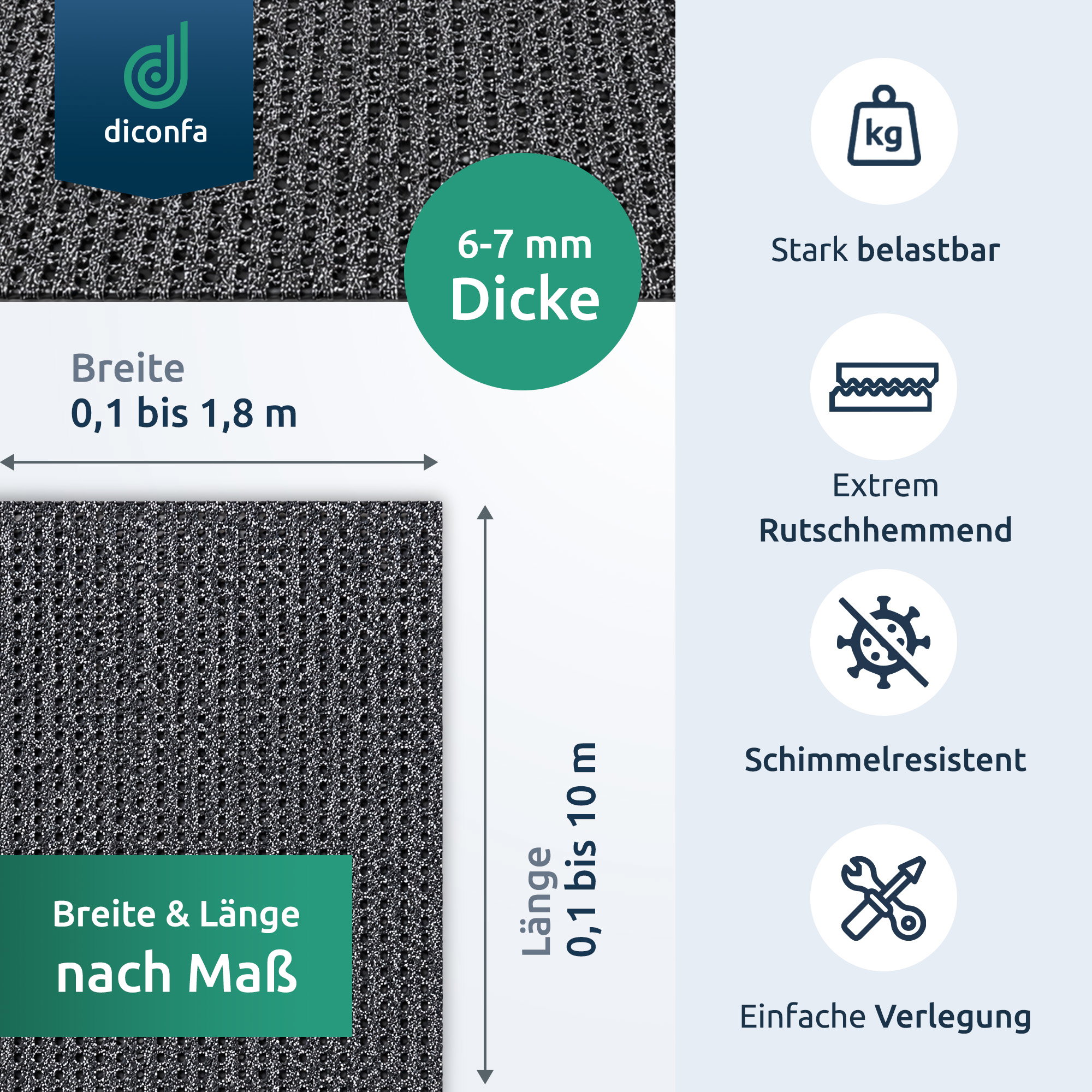 diconfa Tapis de sécurité PVC antidérapant gris, 0,1–1,8 m de largeur, 0,1–10 m de longueur, 6 mm d'épaisseur