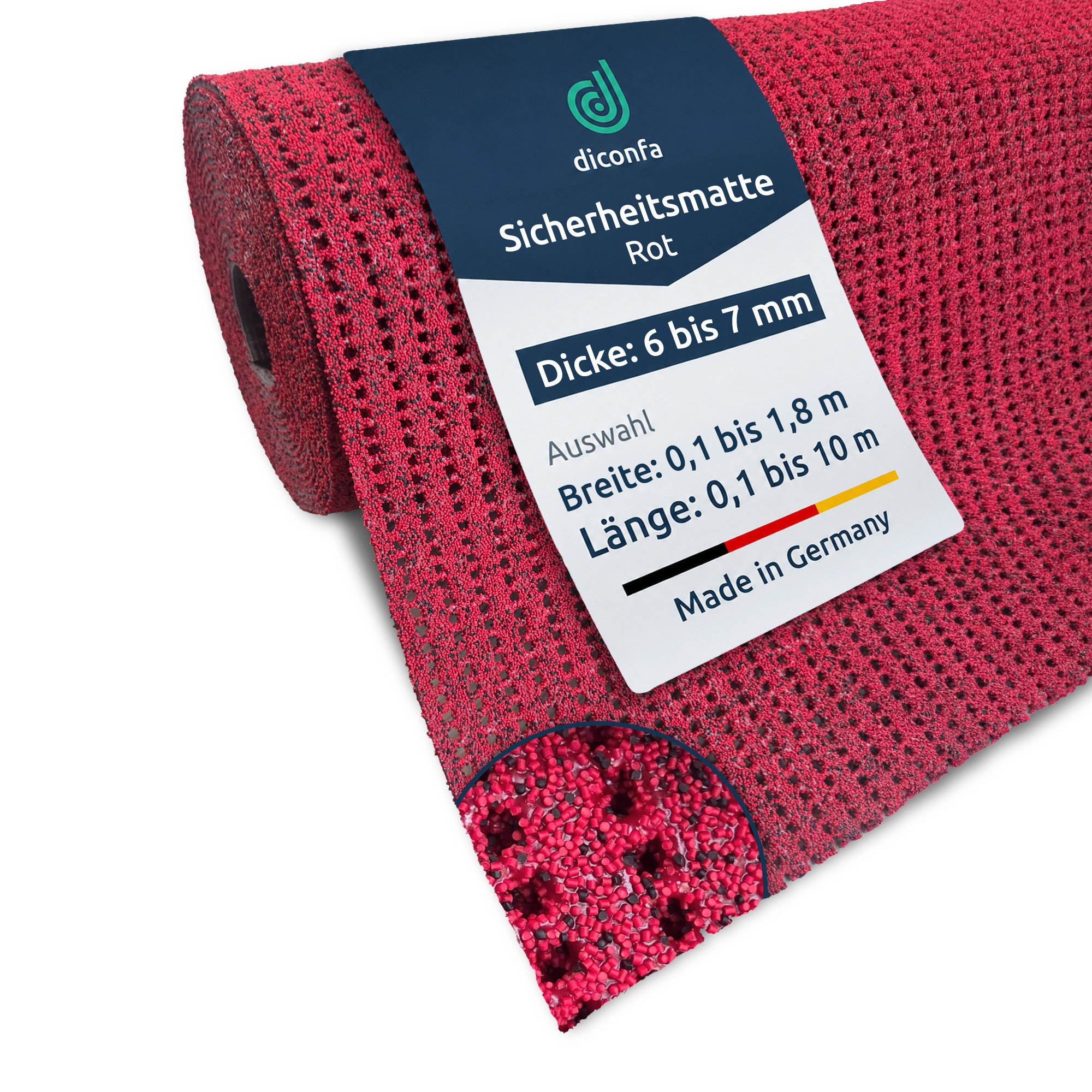 diconfa Tapis de sécurité PVC antidérapant rouge, 0,1–1,8 m de largeur, 0,1–10 m de longueur, 6 mm d'épaisseur