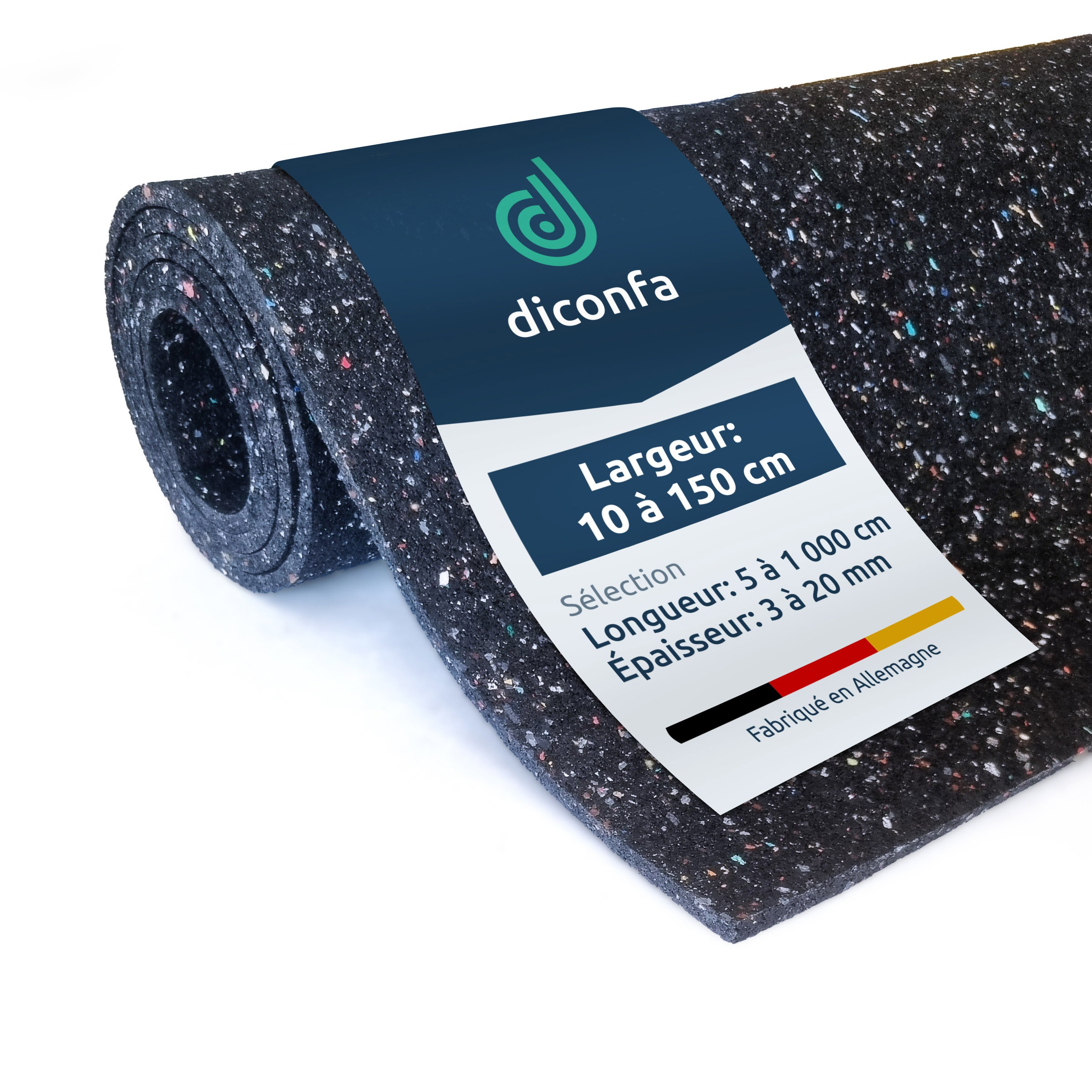 Rouleau de tapis de protection en granulat de caoutchouc moucheté avec bandeau indiquant largeur, longueur et épaisseur