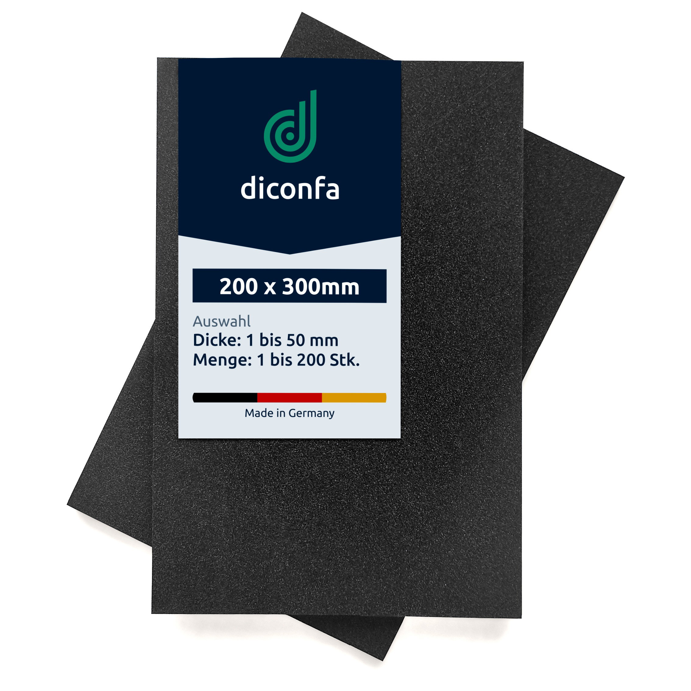 Due lastre nere in gomma cellulare EPDM formato A4 200 x 300 mm con etichetta diconfa