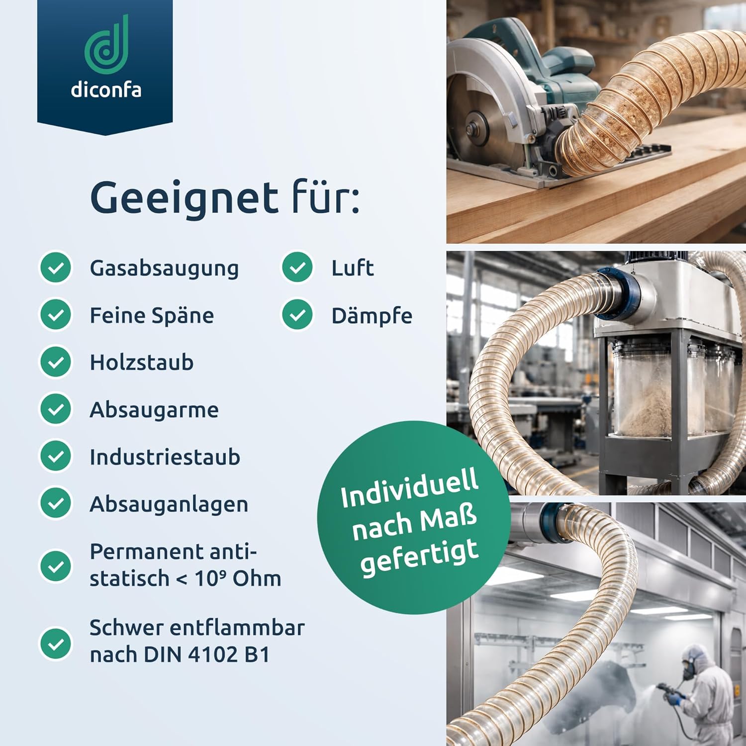 Absaugschlauch für Schleifstaub, Industrie, Elektronikfertigung und Spritzgussmaschinen