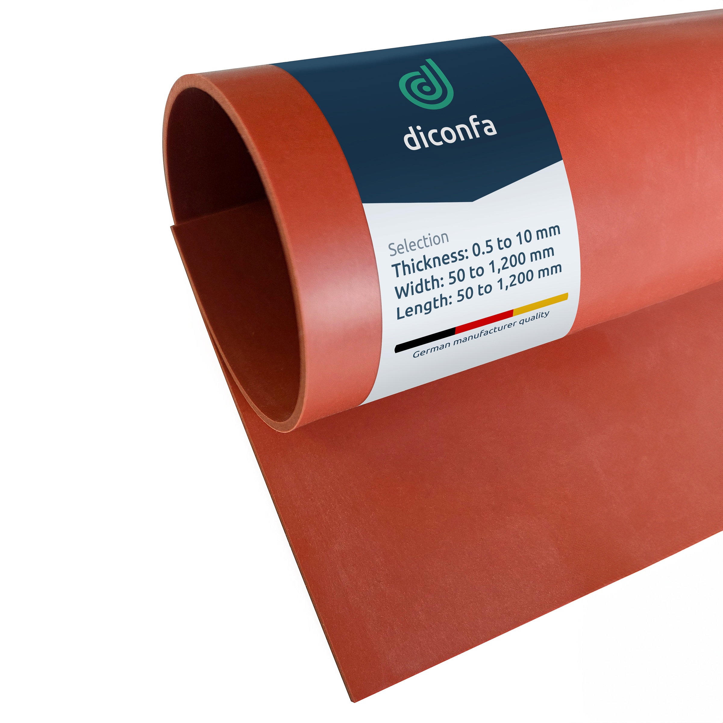 Red made-to-measure silicone sheet rolled up with diconfa label showing 0.5 to 10 mm thickness and cuts up to 1,200 mm