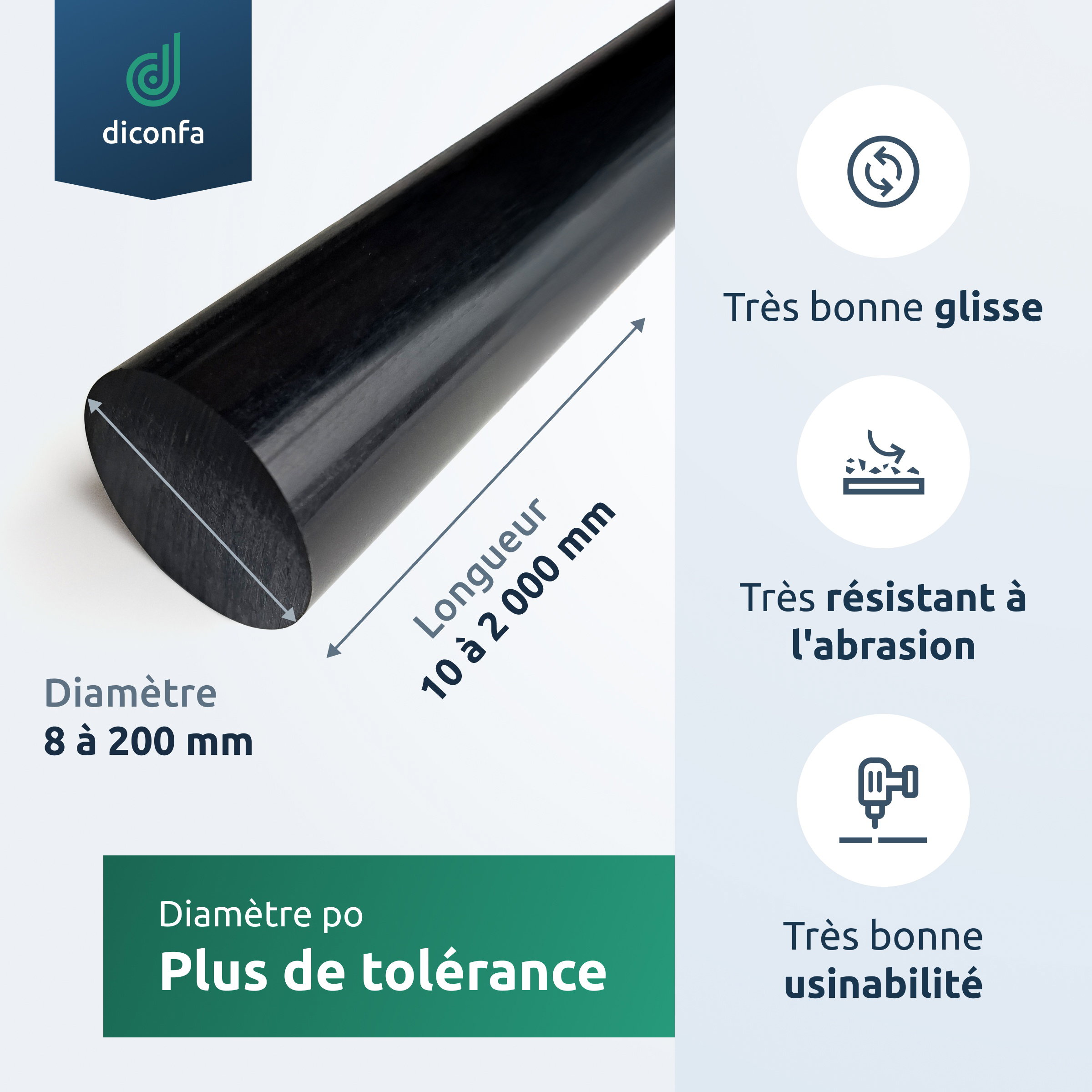 Barre ronde diconfa POM noire sur mesure
