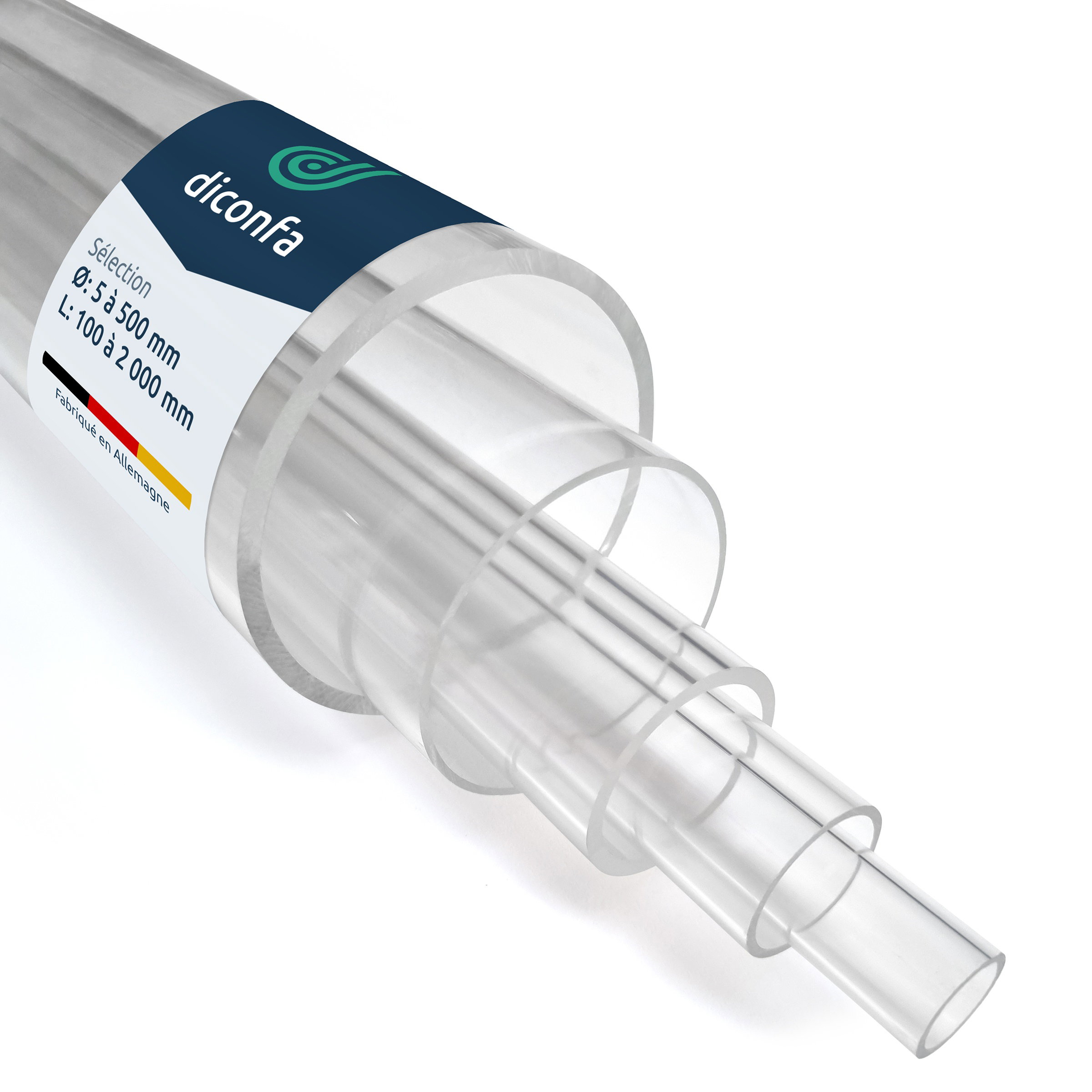 Tubes en plastique acrylique transparents sur mesure, emboîtés par diamètre, avec étiquette des dimensions