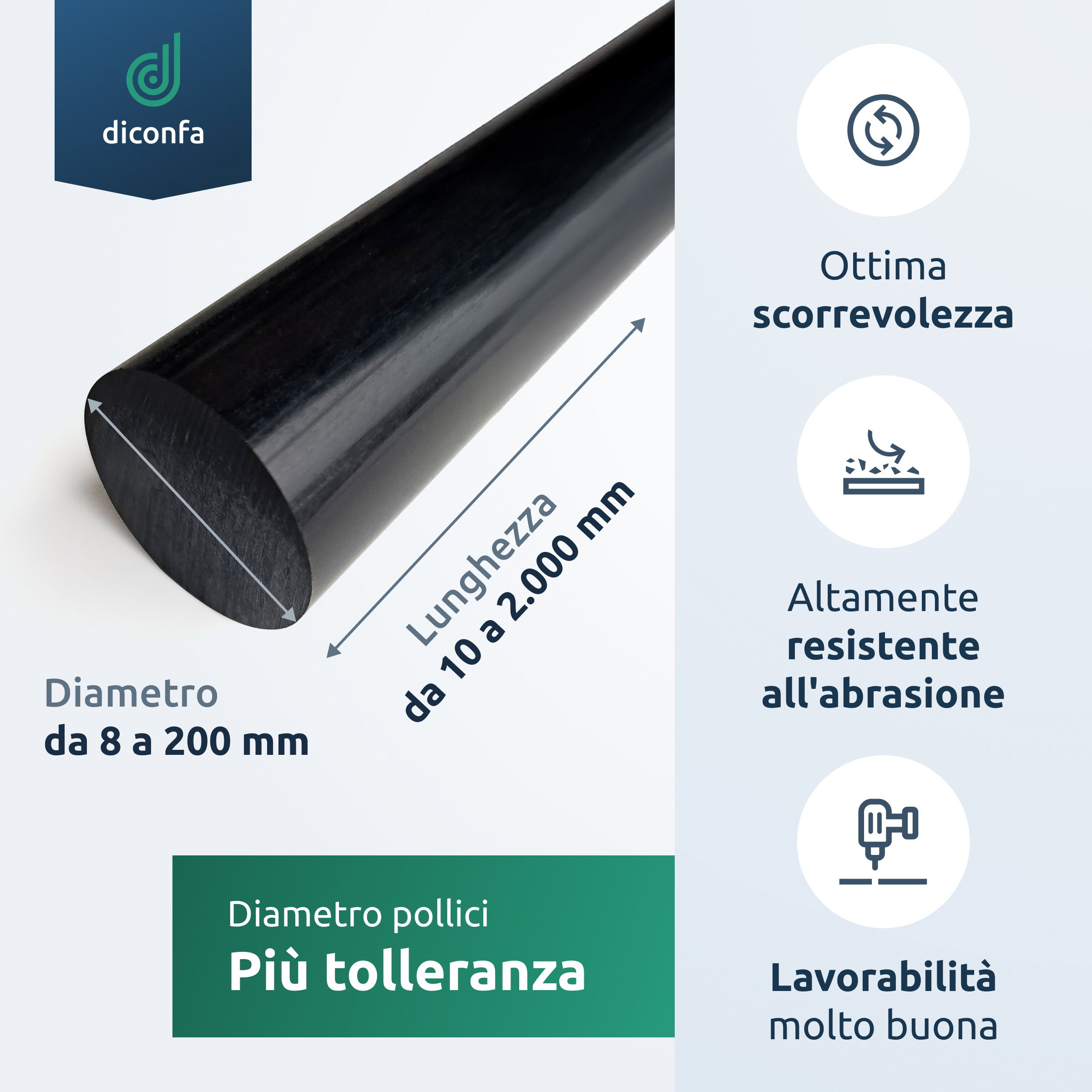 Asta tonda in POM nero su misura