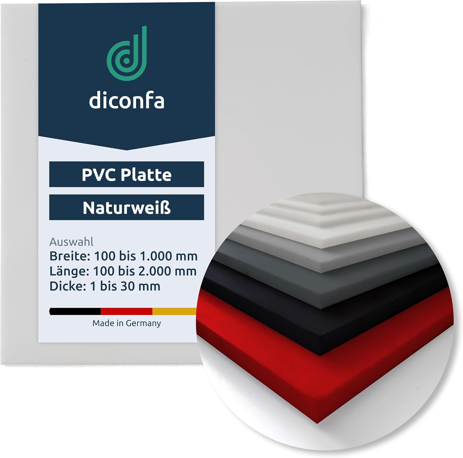 diconfa Plaque PVC rigide blanc naturel sur mesure 1–10 mm, 100 x 100–1000 x 2000 mm, surface lisse satinée
