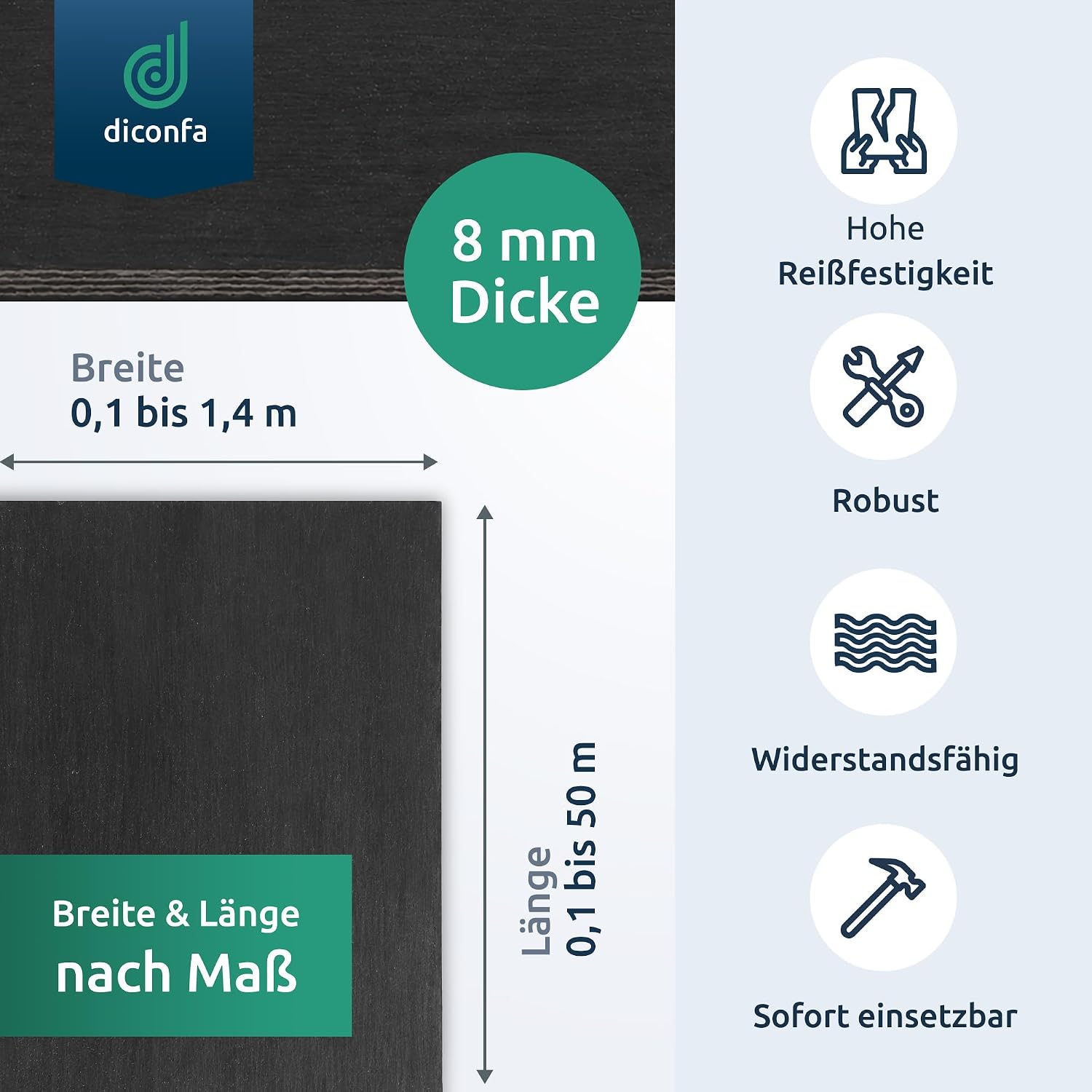 Schwarzes Gummi-Transportband mit 8 mm Dicke, Maßangaben für Breite und Länge sowie Symbolen für Reißfestigkeit und Robustheit