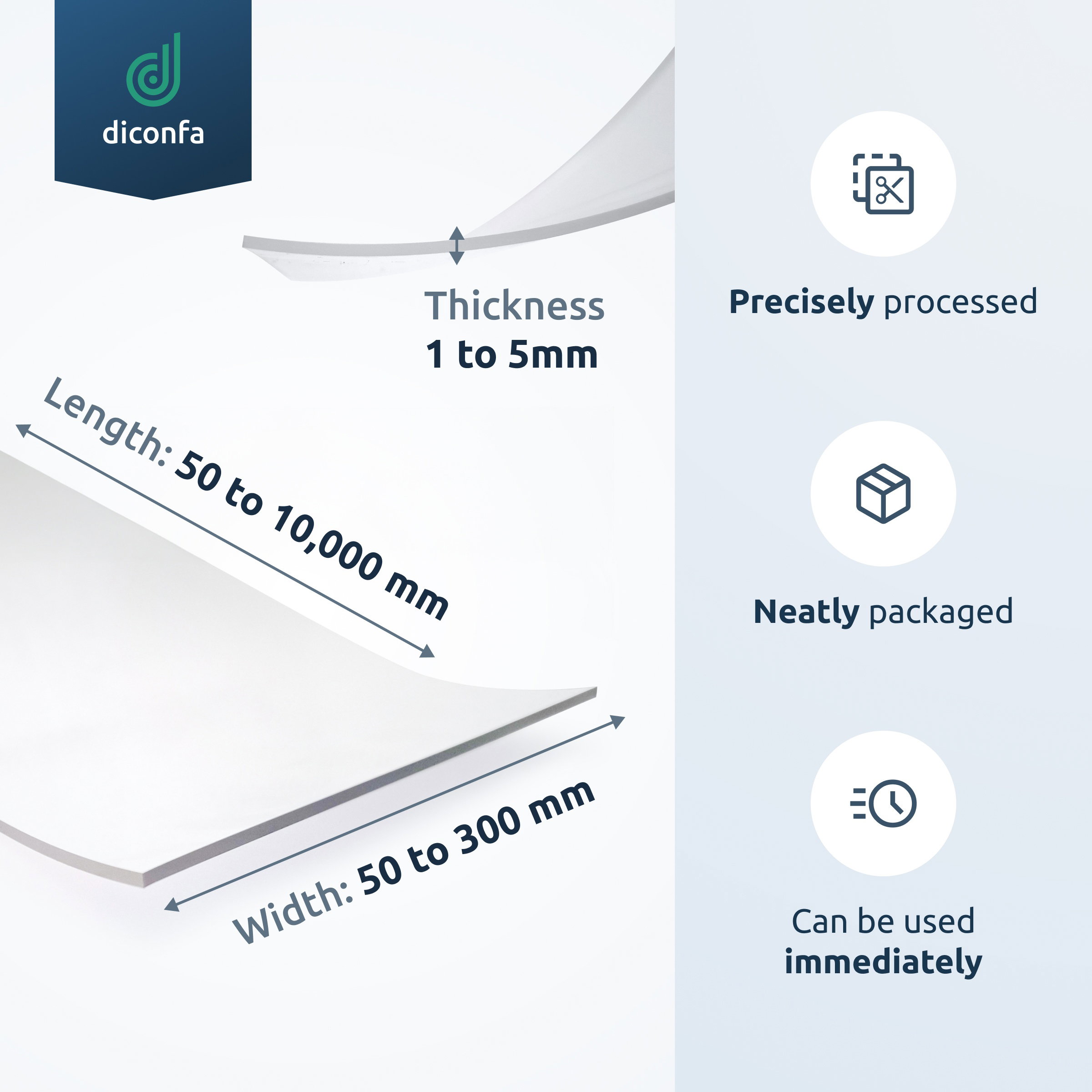 Dimension graphic for clear PVC strip showing 1 to 5 mm thickness, up to 10,000 mm length and 300 mm width