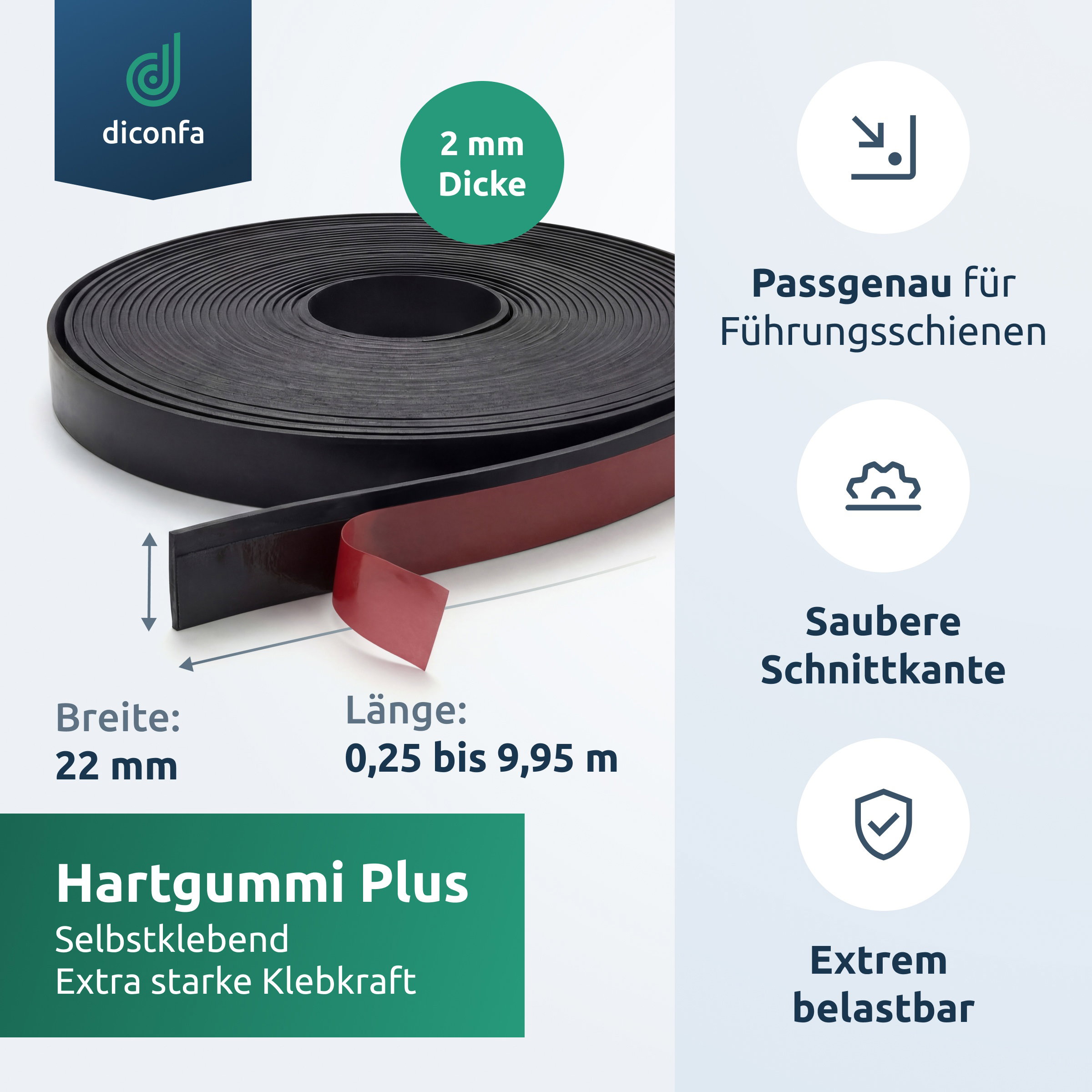 Schwarzer Splitterschutz Hartgummi Plus als Rolle mit rotem Klebeband, Infografik mit 2 mm Dicke und 22 mm Breite
