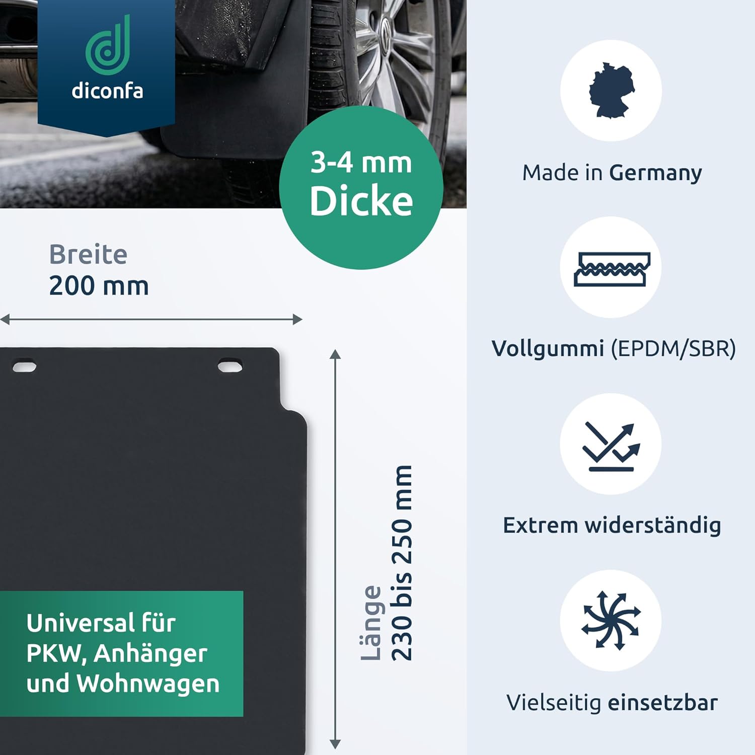diconfa PROFILINE Universal Mud Flaps EPDM Solid Rubber 3–4 mm 230–250 mm 1–10 Pieces Made in Germany