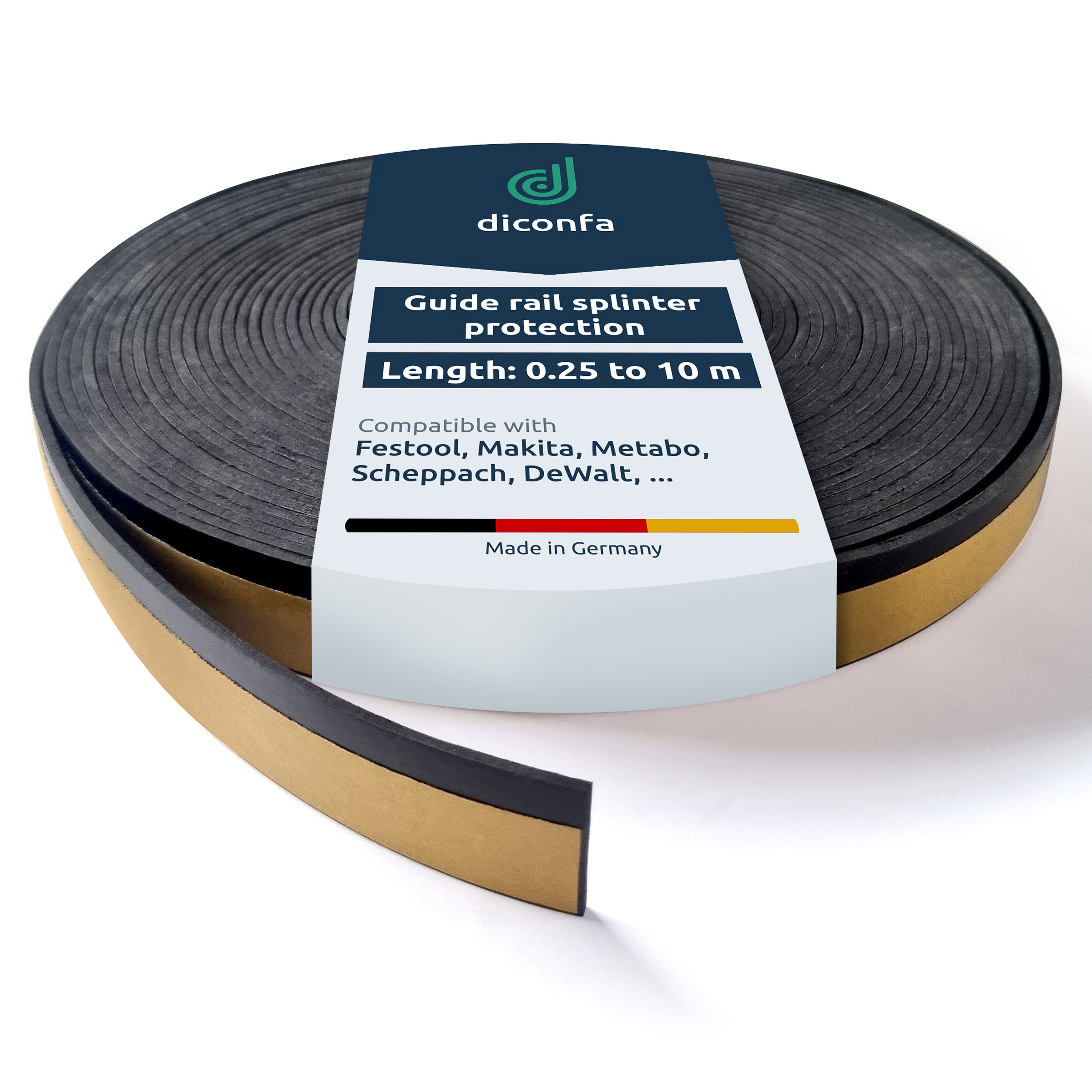 Black hard rubber guide rail splinter protection coiled on a roll with yellow adhesive backing and label, 0.25 to 10 m