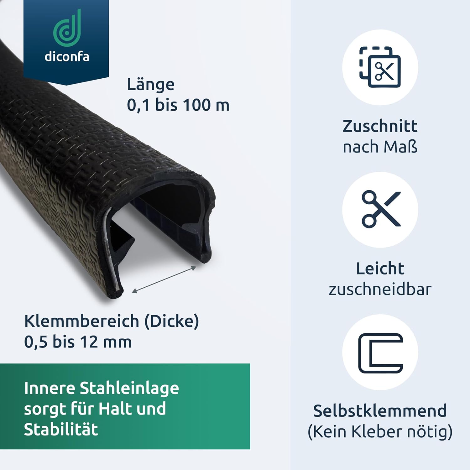 diconfa Edge Protection U-Profile PVC with Steel Insert Black Matt Clamping Range 0.5–12 mm Length 0.1–100 m