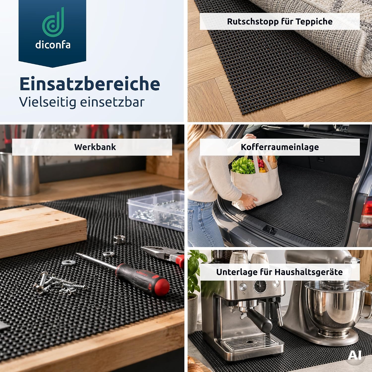 Collage d'uso del tappetino antiscivolo in PVC universale: fermatappeto, banco da lavoro, bagagliaio e base per elettrodomestici