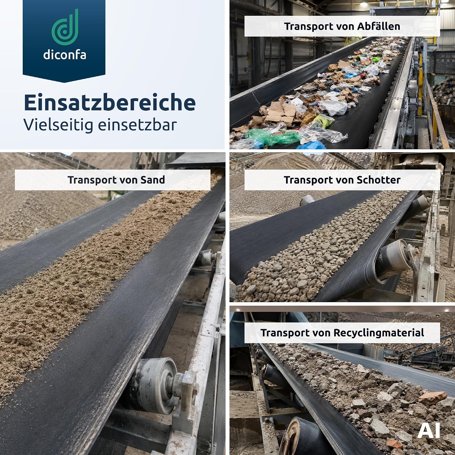 Einsatzbereiche des Gummi-Transportbands: Förderung von Abfällen, Sand, Schotter und Recyclingmaterial