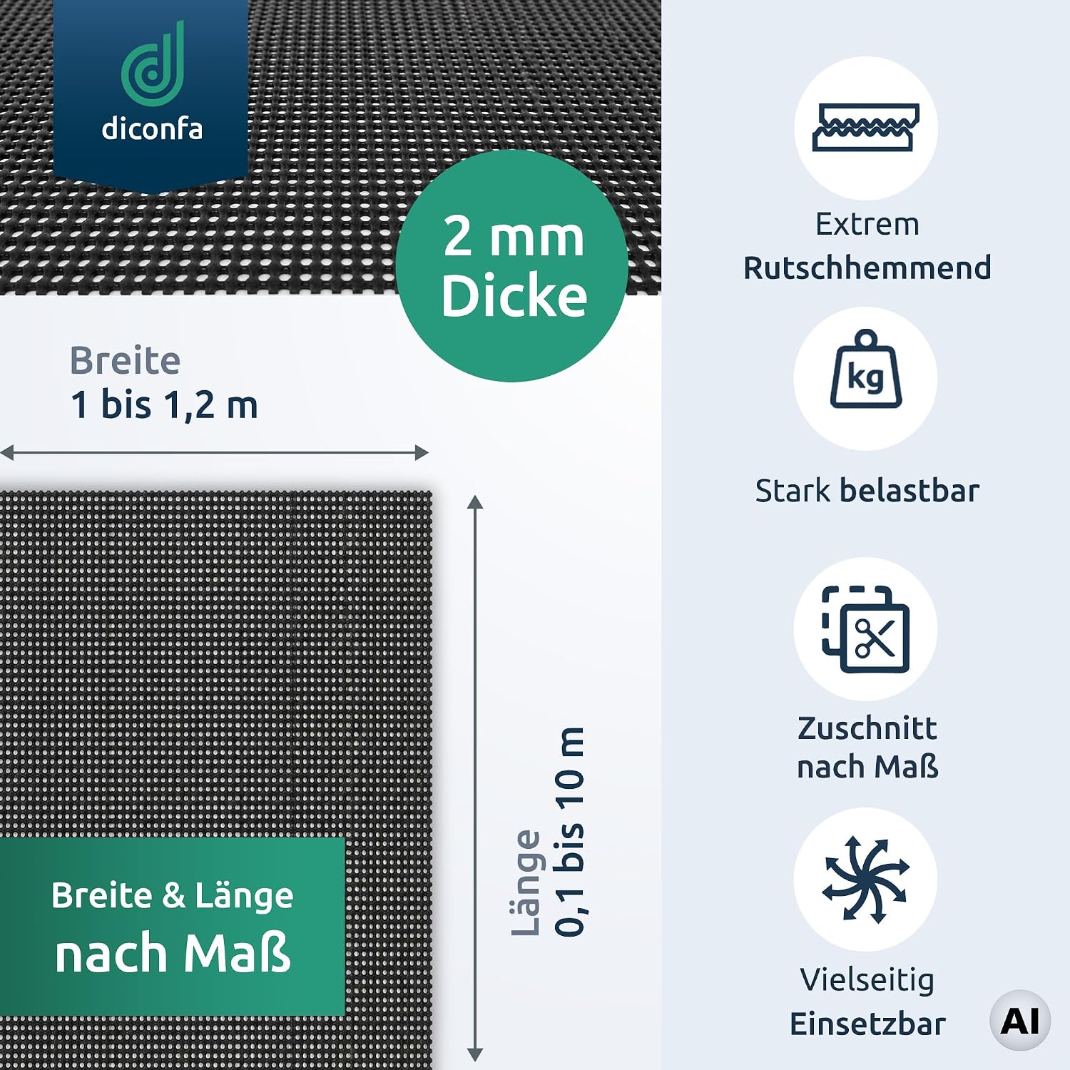 Tappetino antiscivolo in PVC antracite con infografica su spessore 2 mm e taglio su misura