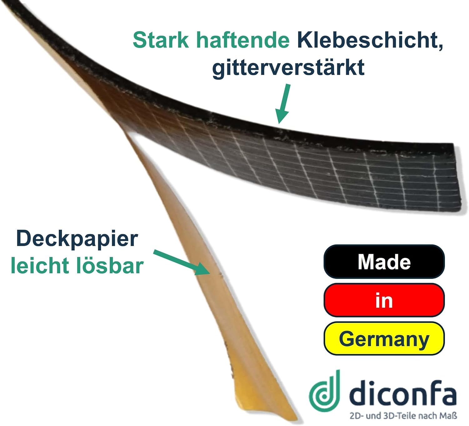 Splitterschutz TOP PLUS aus schwarzem Hartgummi mit gitterverstärkter Klebeschicht und abgezogenem Deckpapier
