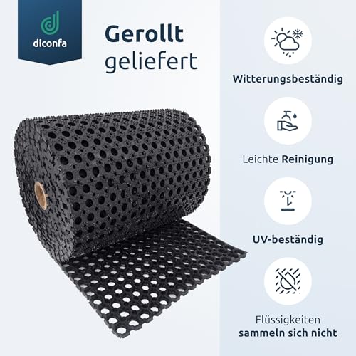 Gerollt gelieferte Ringgummimatte in Schwarz mit Lochstruktur und Symbolen für Witterungs- und UV-Beständigkeit
