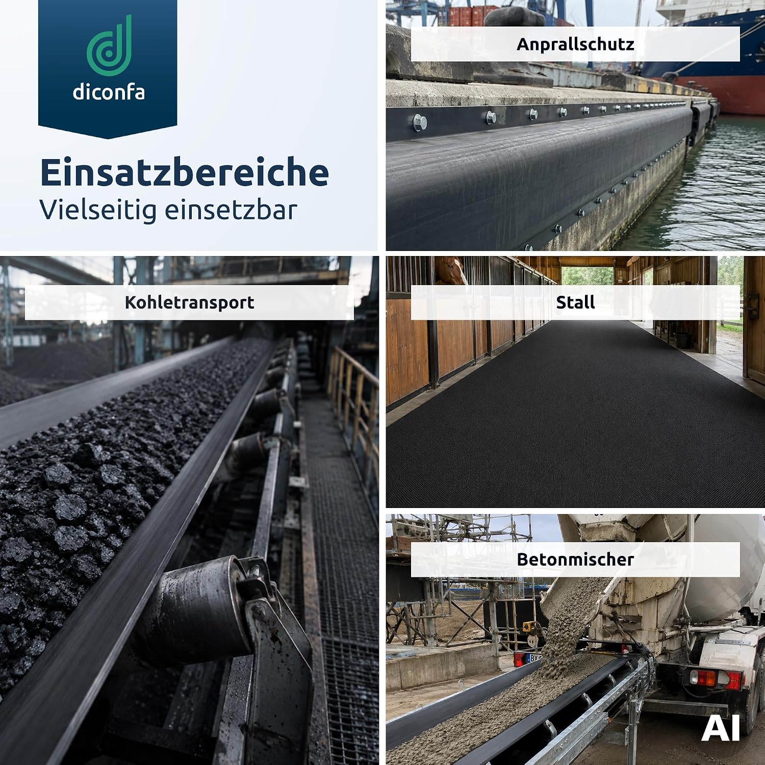Anwendungsbereiche des Gummi-Transportbands: Anprallschutz am Kai, Kohletransport, Stallbelag und Betonmischer