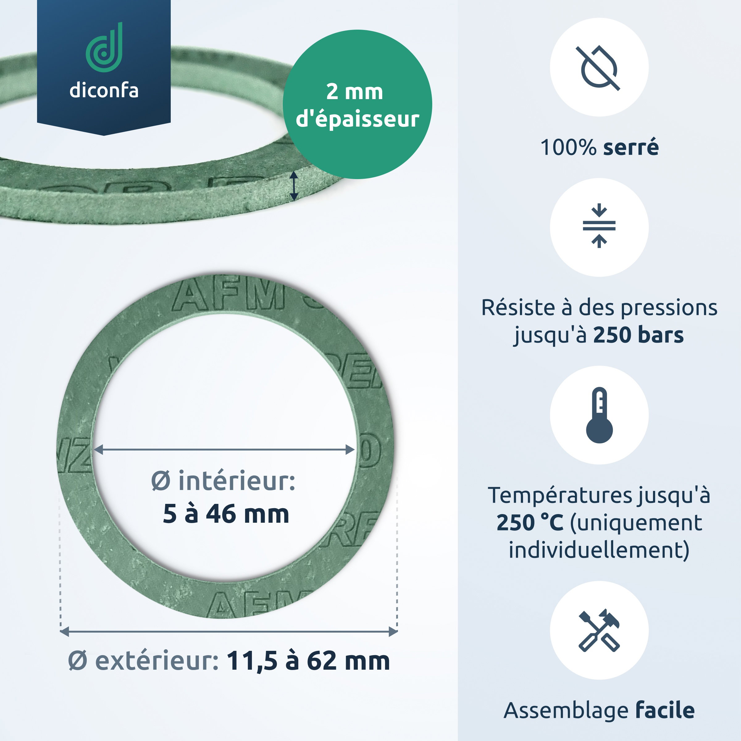 diconfa AFM30 Joint plat fibreux 1/4" – 2" DN06–DN40 pour gaz et liquides