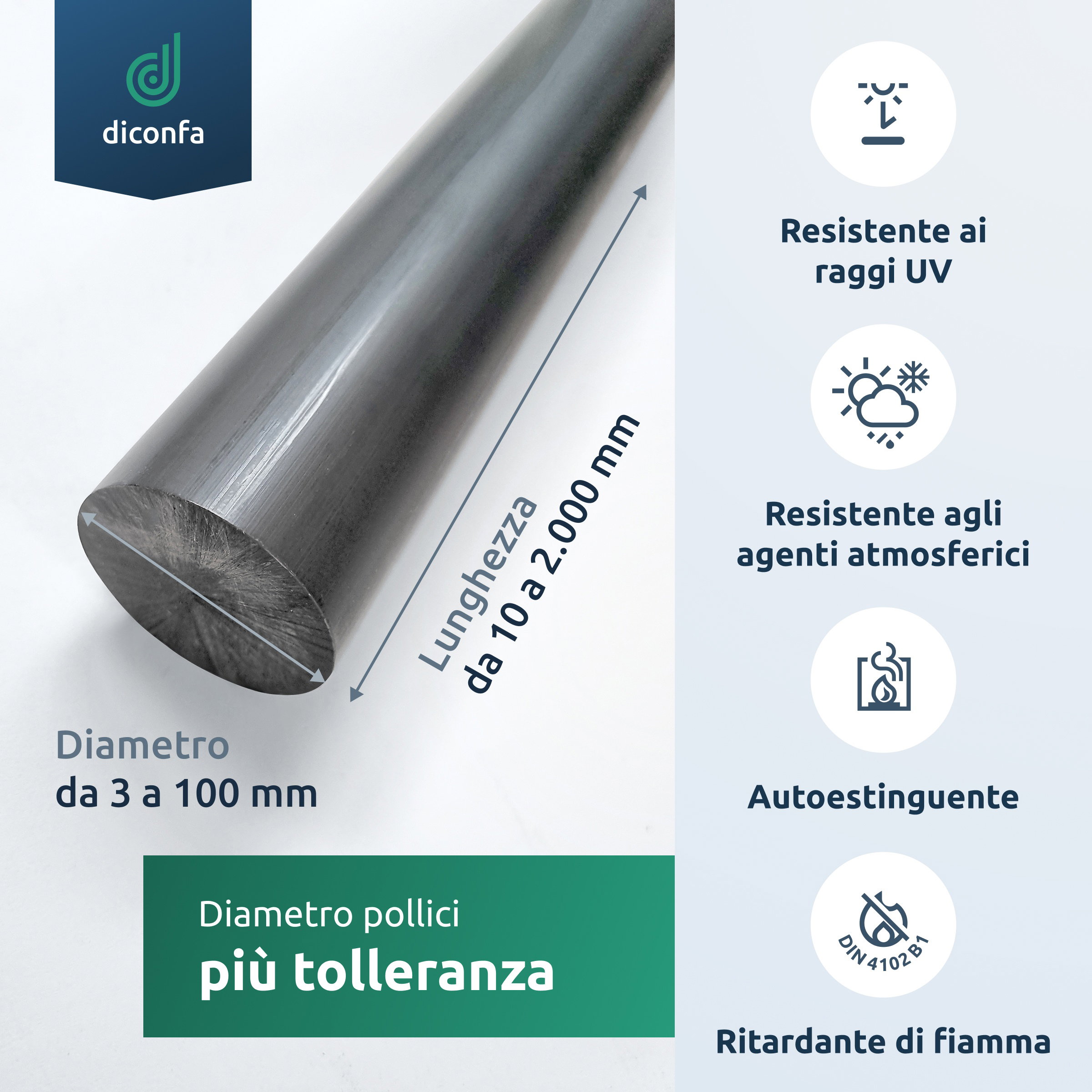 Barra tonda in PVC rigido grigio scuro su misura