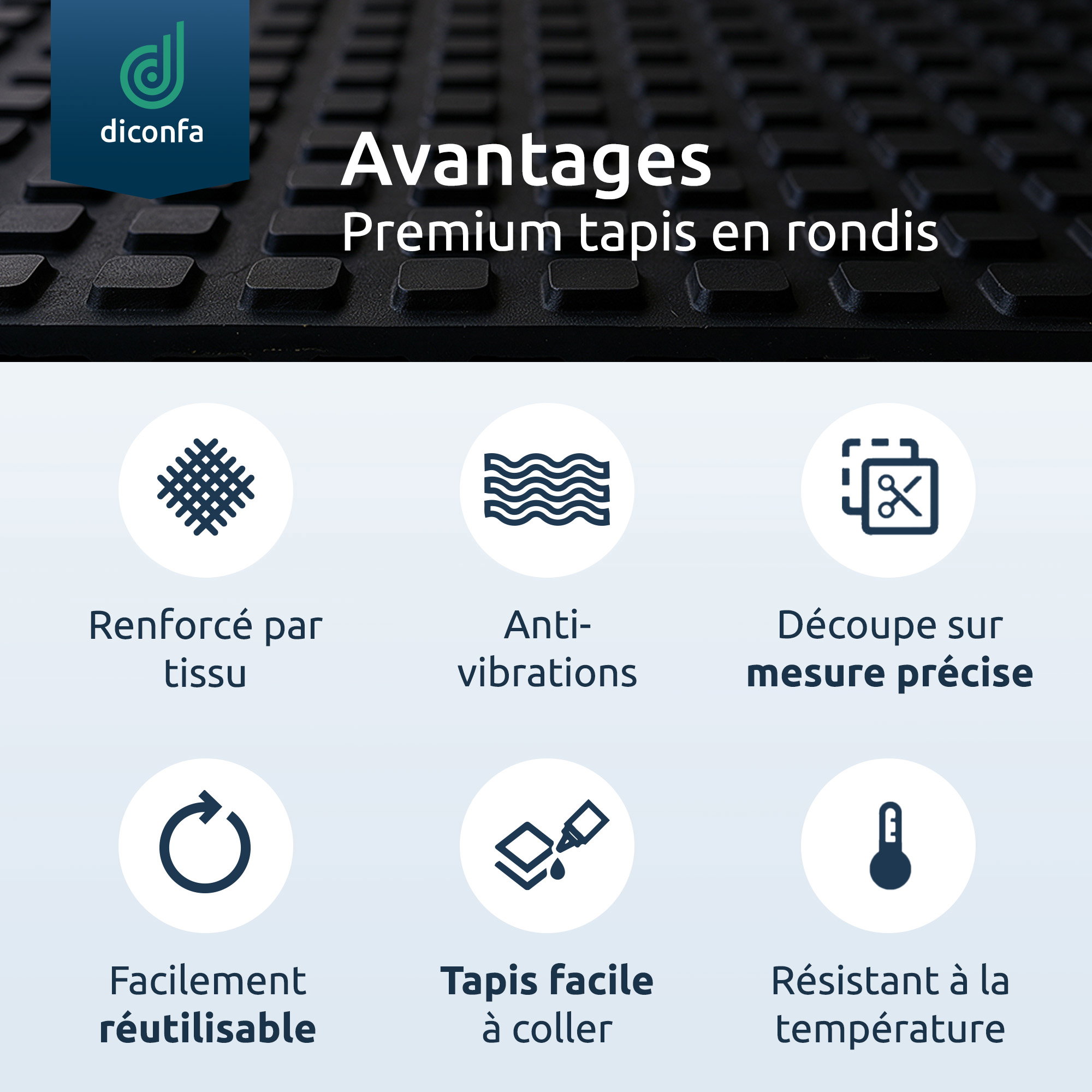 Tapis en caoutchouc à plots 8 mm avec renfort textile