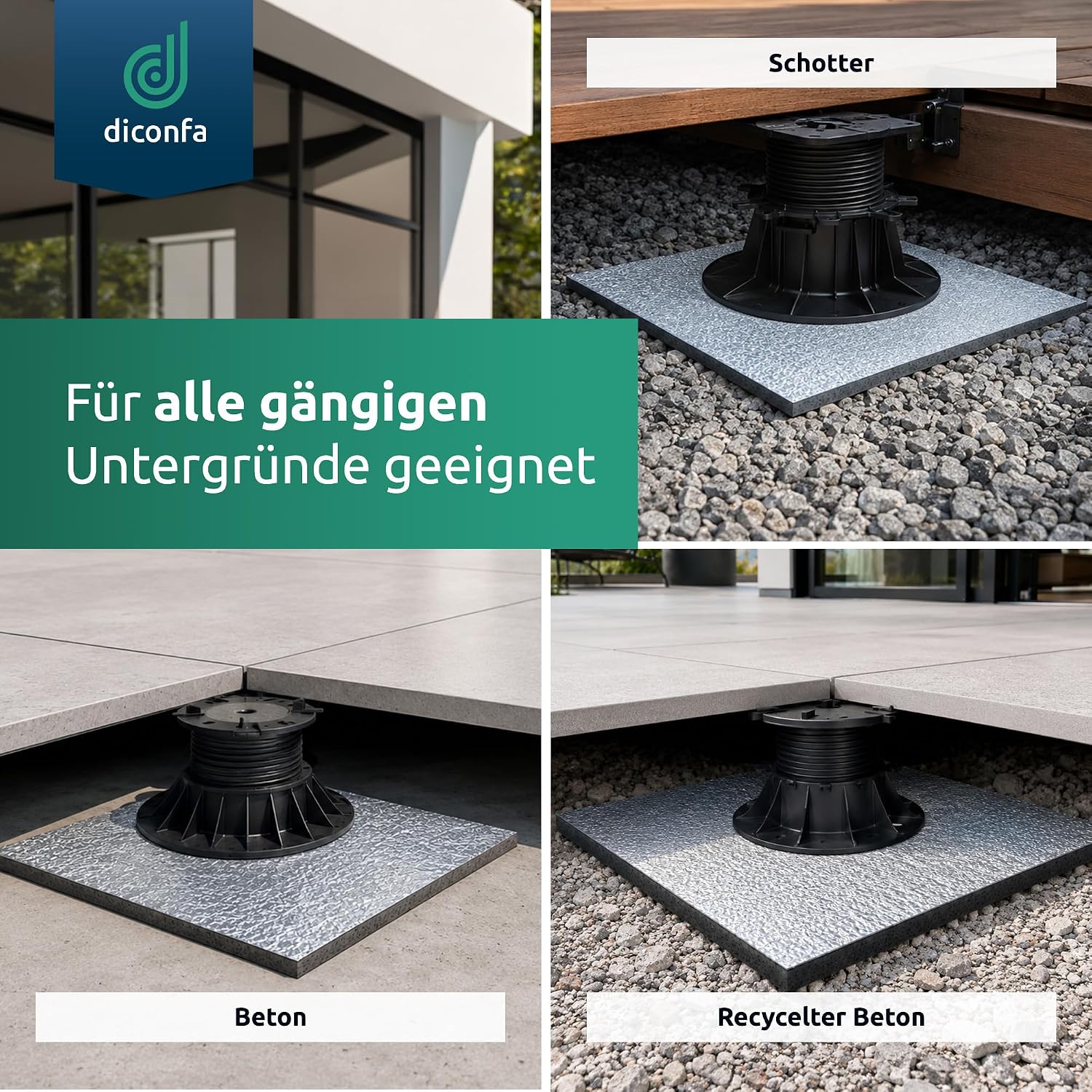 Aluminium-laminated terrace pads under pedestals on gravel, concrete and recycled concrete sub-bases