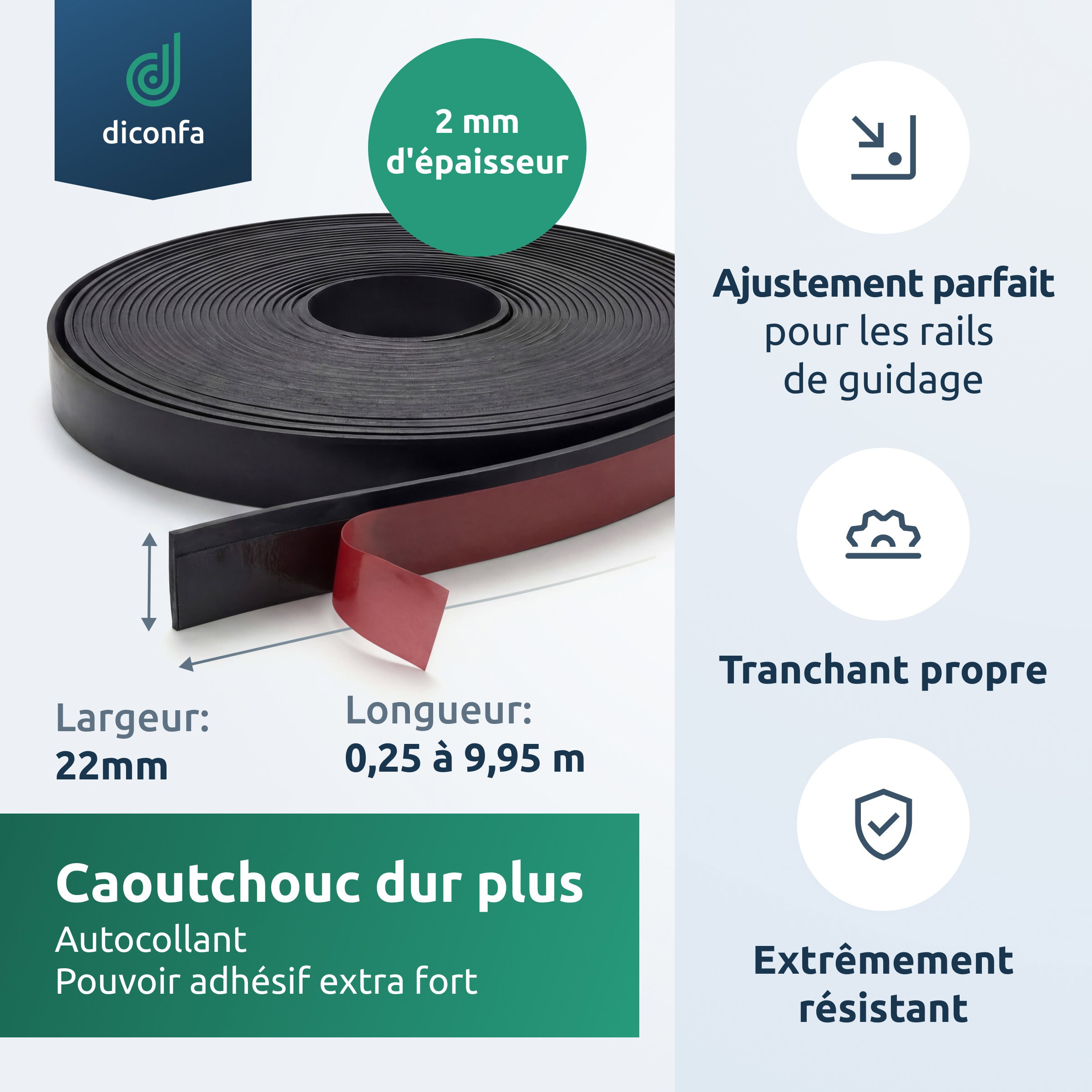 Pare-éclats Profiline Gummi Plus en rouleau de caoutchouc dur noir à bande adhésive rouge, infographie largeur 22 mm et épaisseur 2 mm