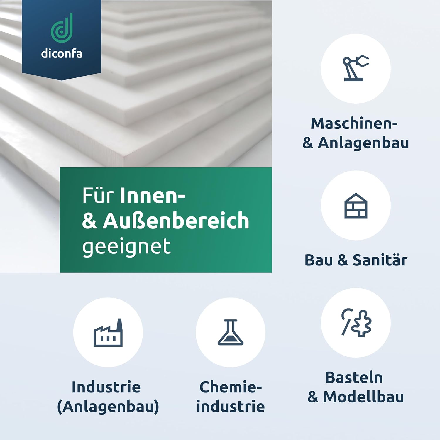 Gestapelte weiße PTFE Teflon Platten nach Maß mit Symbolen für Anwendungsbereiche wie Maschinenbau, Bau und Chemieindustrie