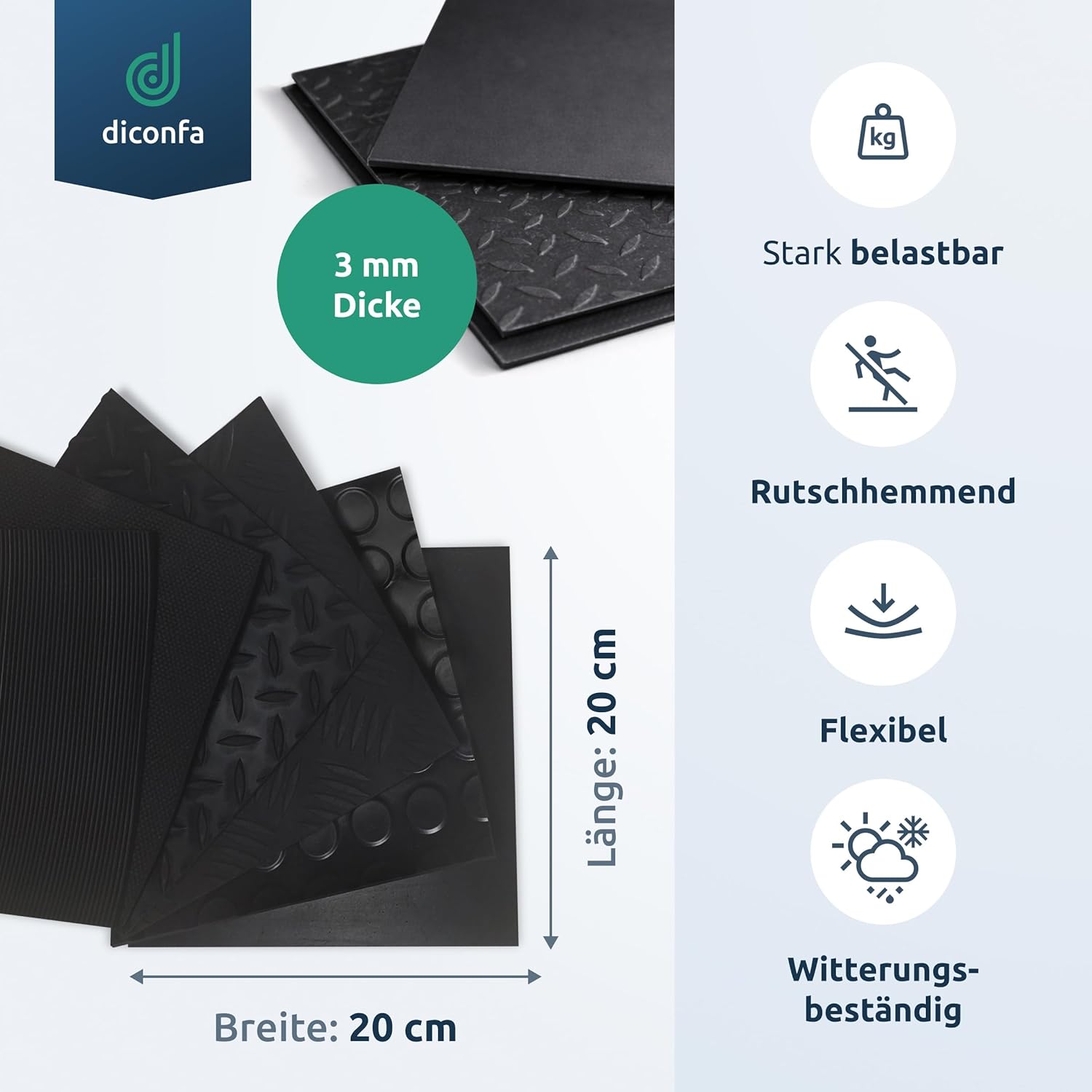 diconfa Gummipads Antirutsch Vollgummi 200×200×3 mm verschiedene Oberflächen 1–300 Stück