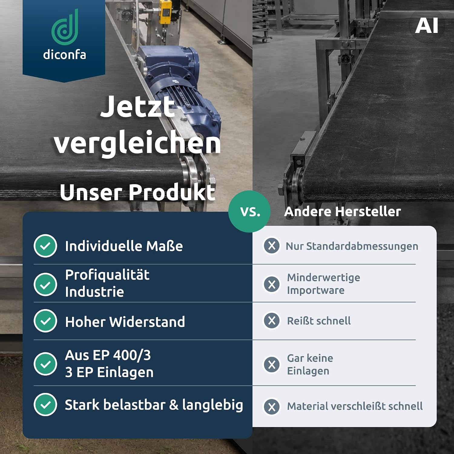 Vergleichsgrafik Gummi-Transportband EP 400/3 nach Maß mit Vorteilen gegenüber anderen Herstellern